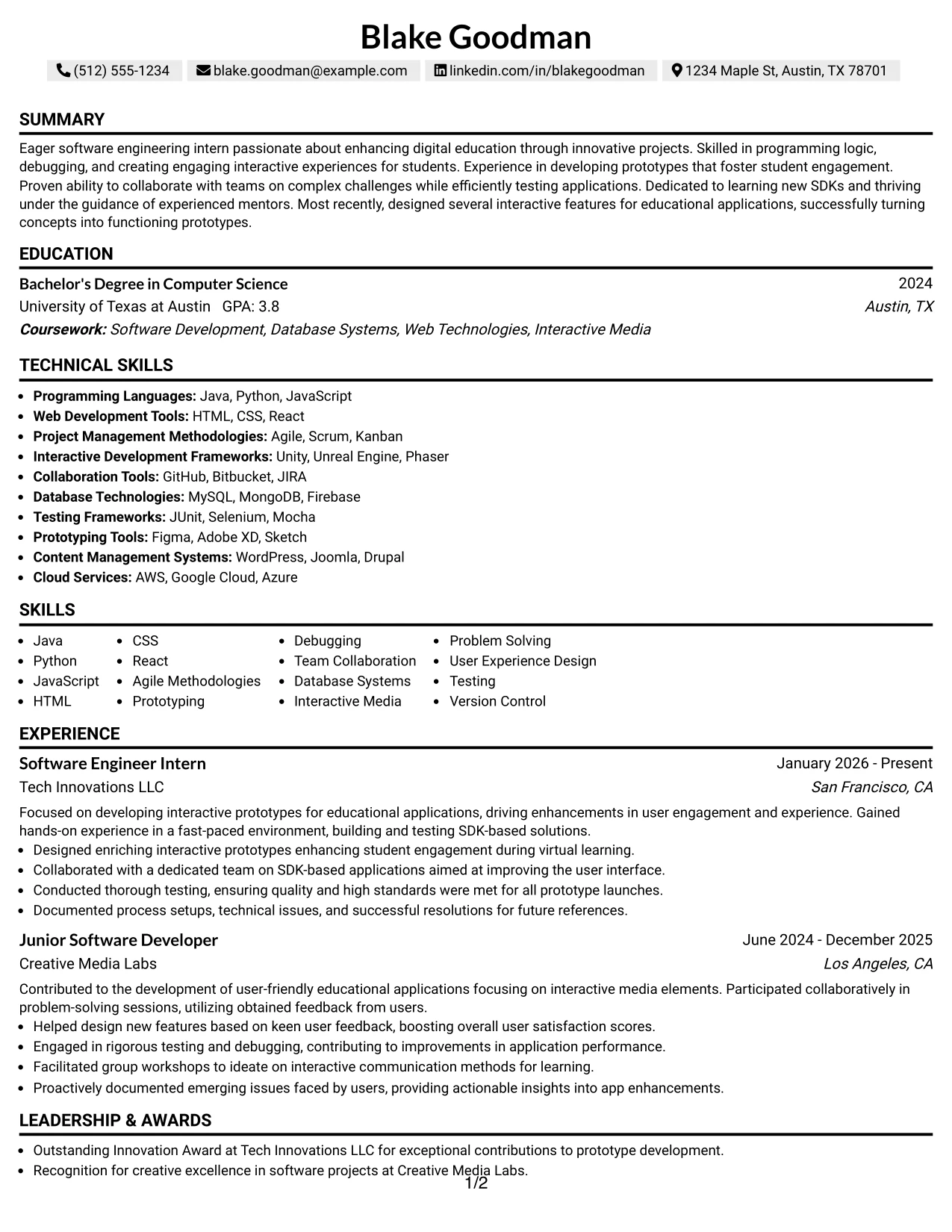 Resume Example Page 1