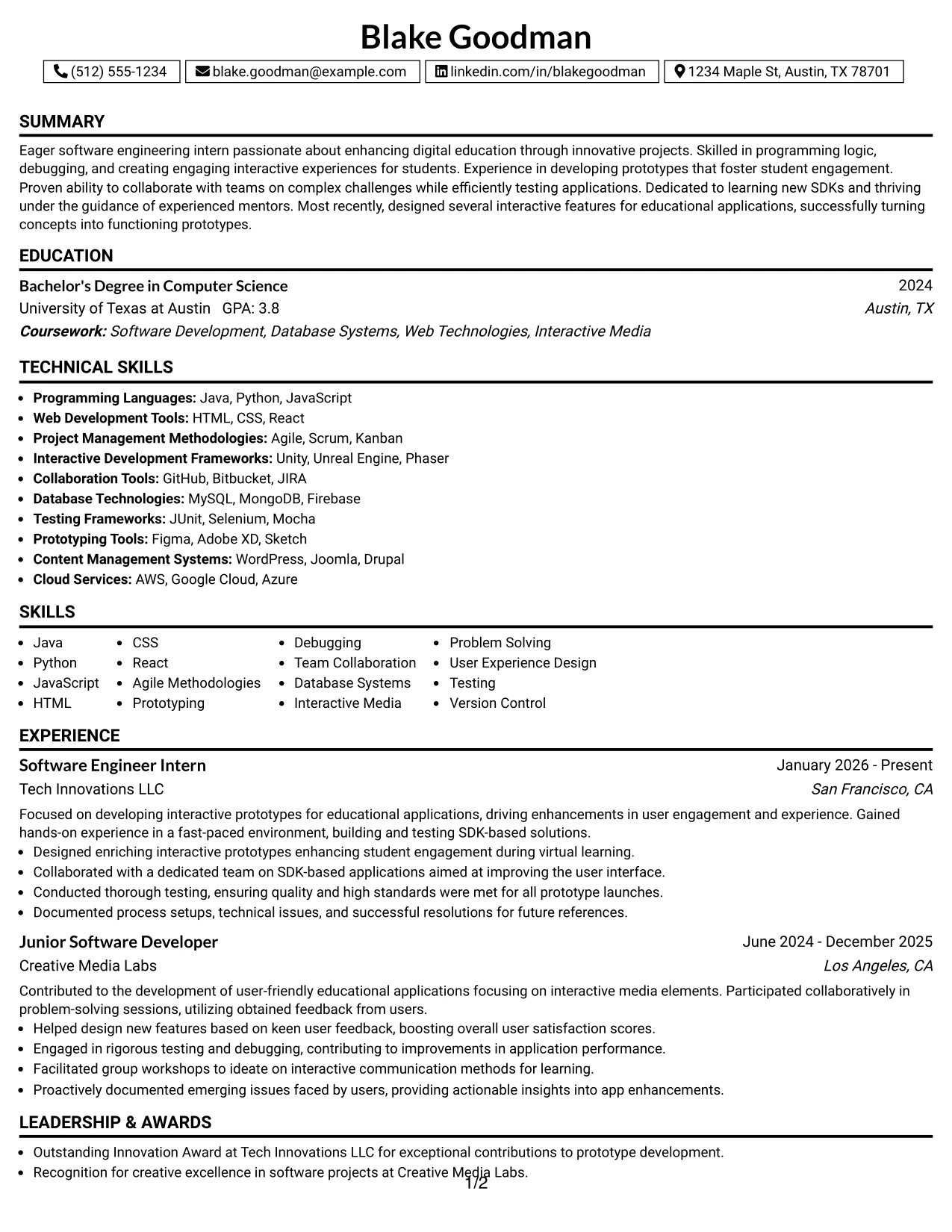 Resume Example Page 1