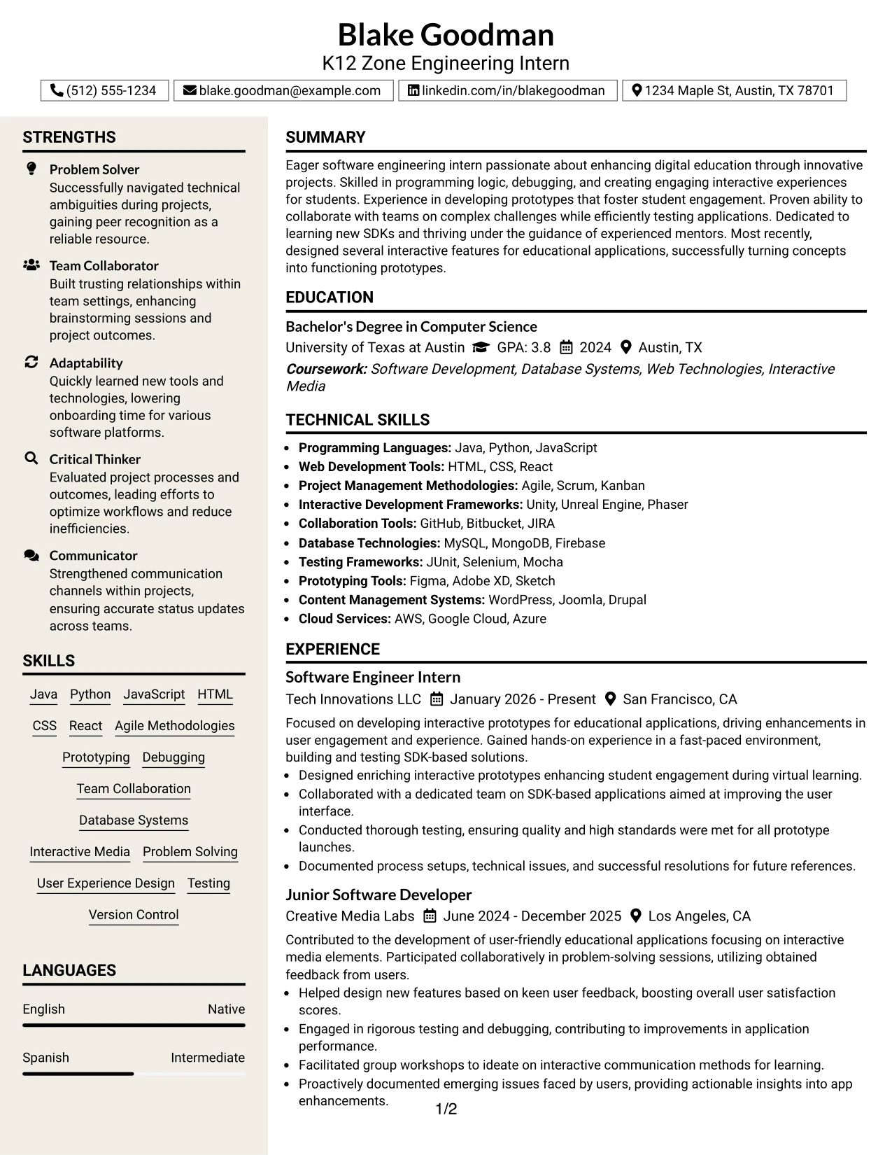 Resume Example Page 1