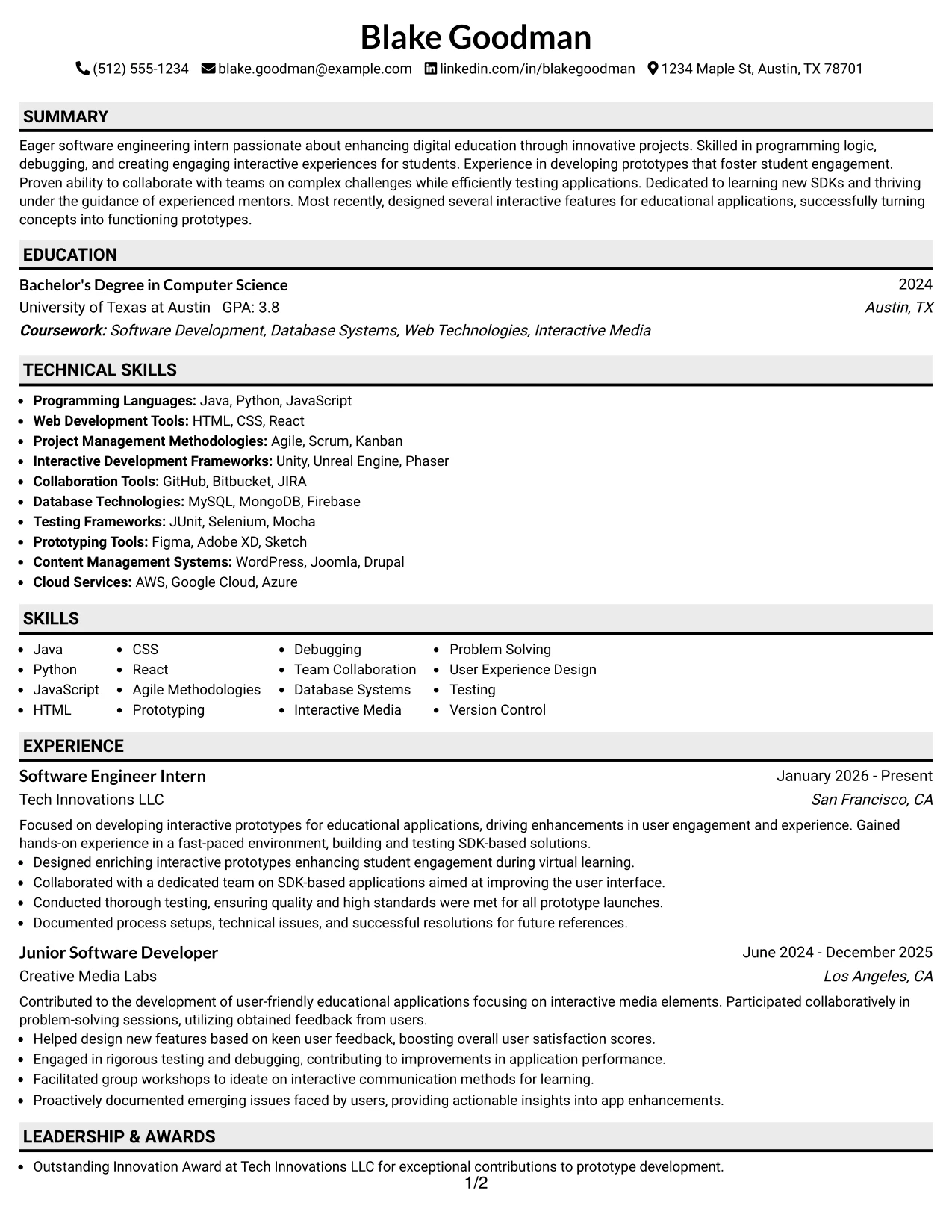 Resume Example Page 1