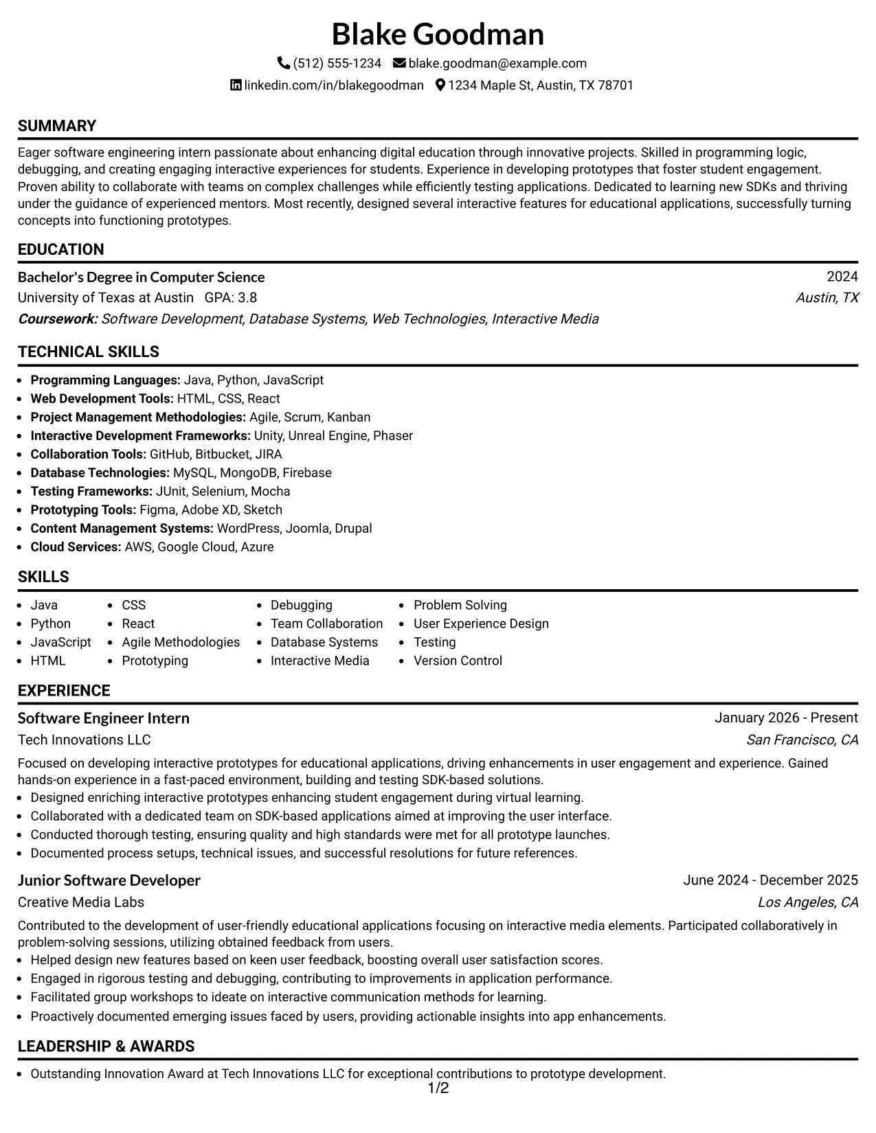 Resume Example Page 1