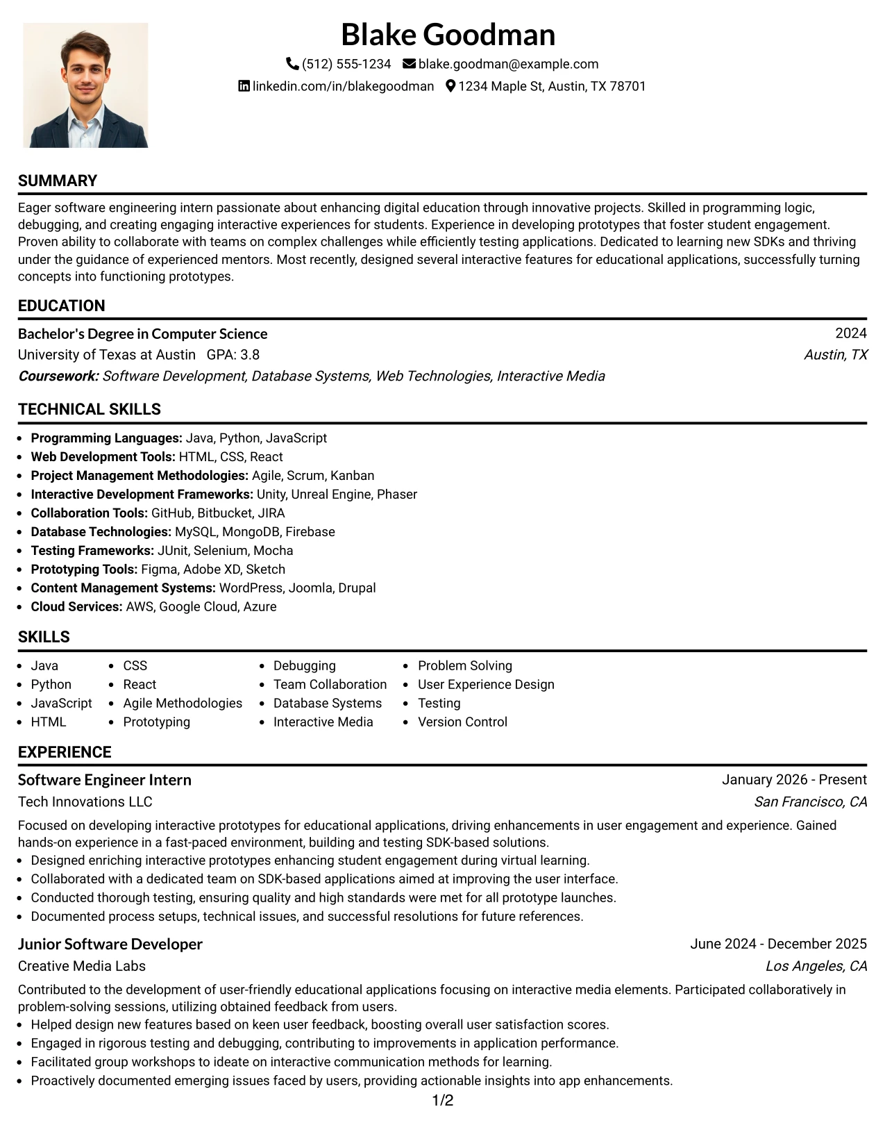 Resume Example Page 1