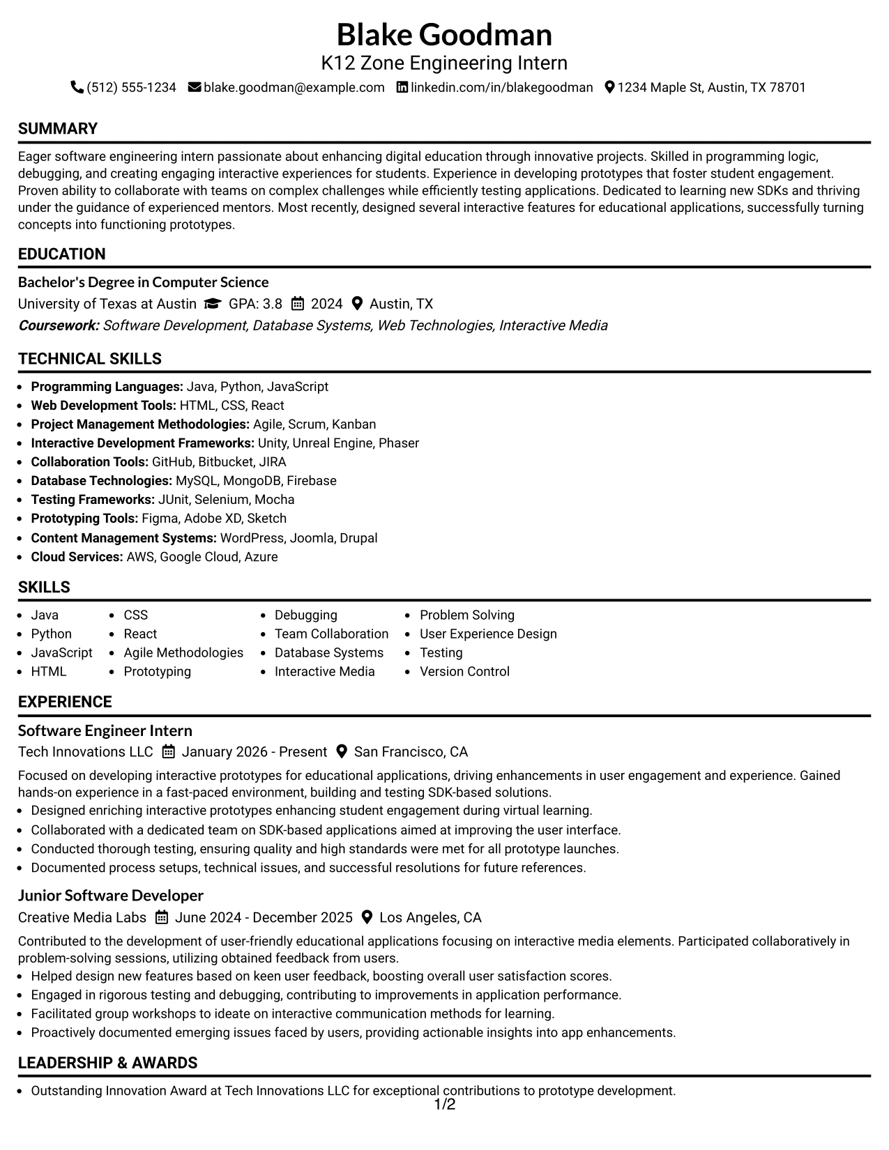 Resume Example Page 1