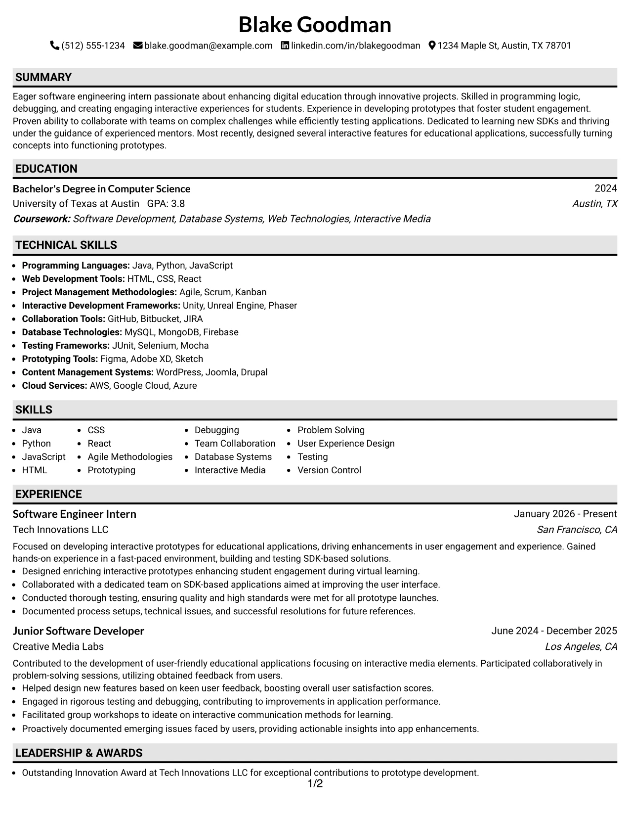 Resume Example Page 1