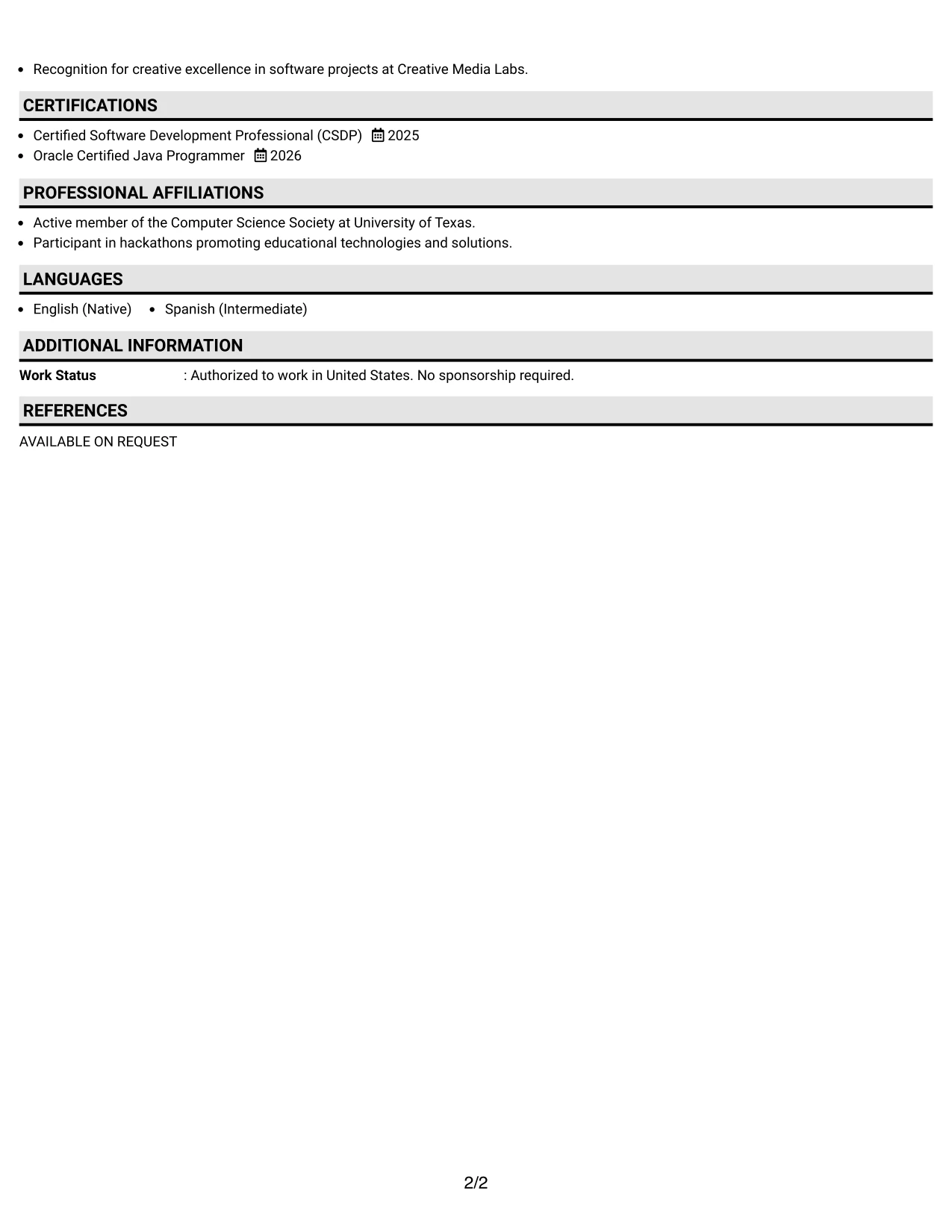 Resume Example Page 2