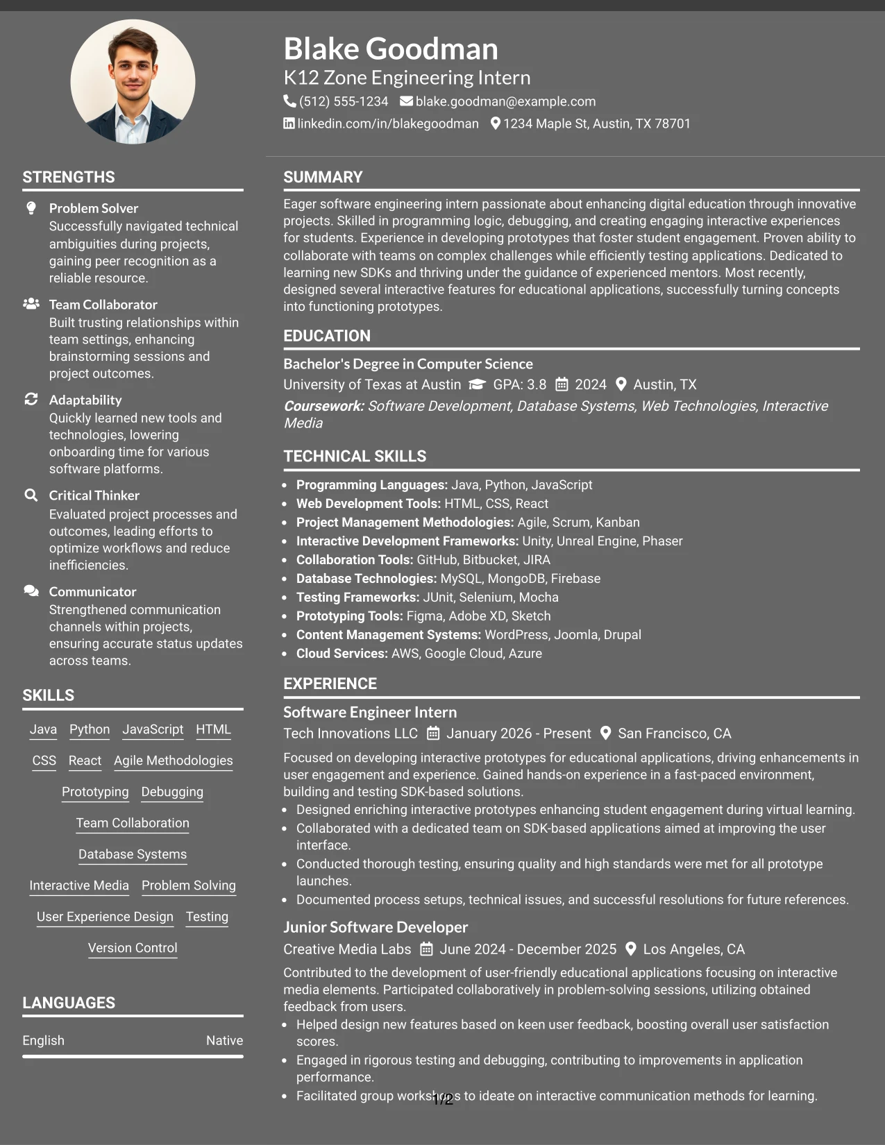 Resume Example Page 1