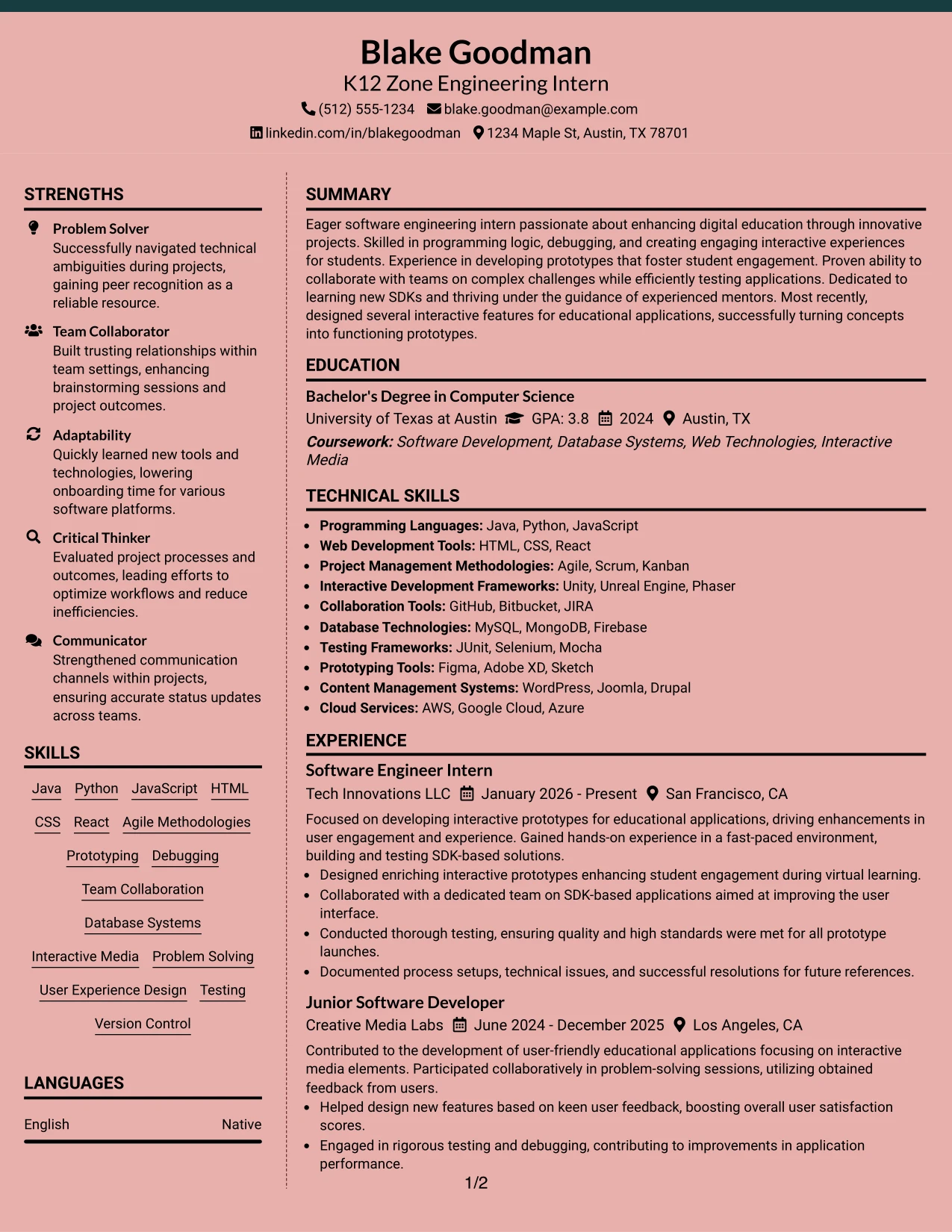 Resume Example Page 1