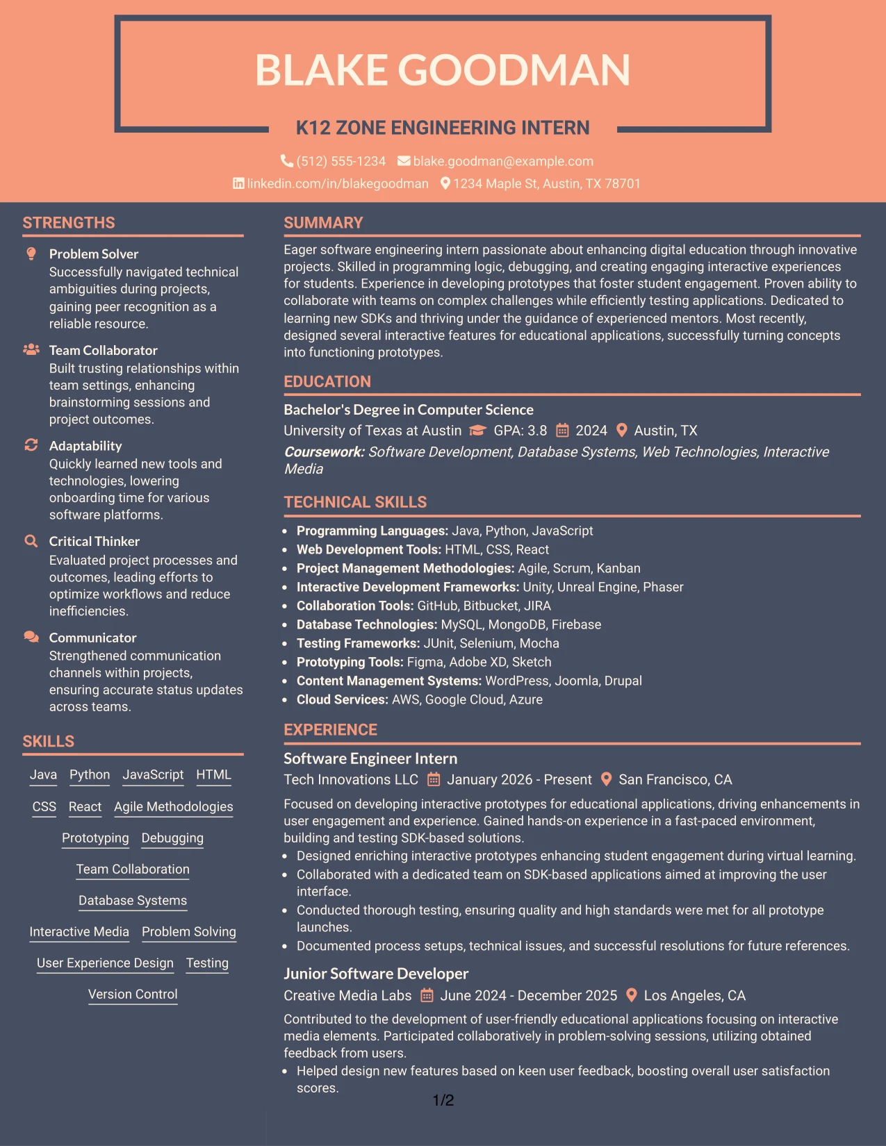 Resume Example Page 1