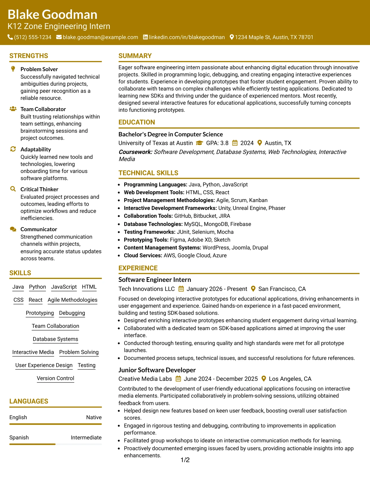Resume Example Page 1