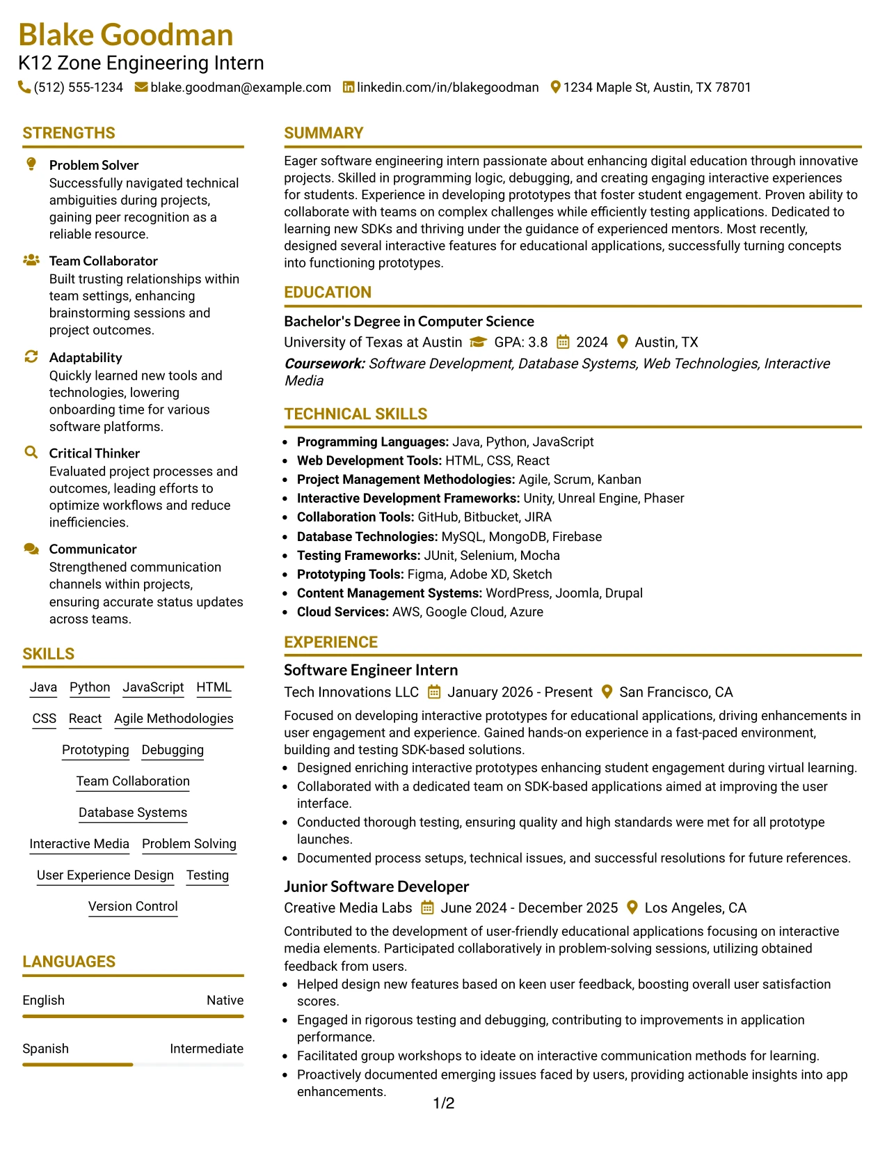 Resume Example Page 1