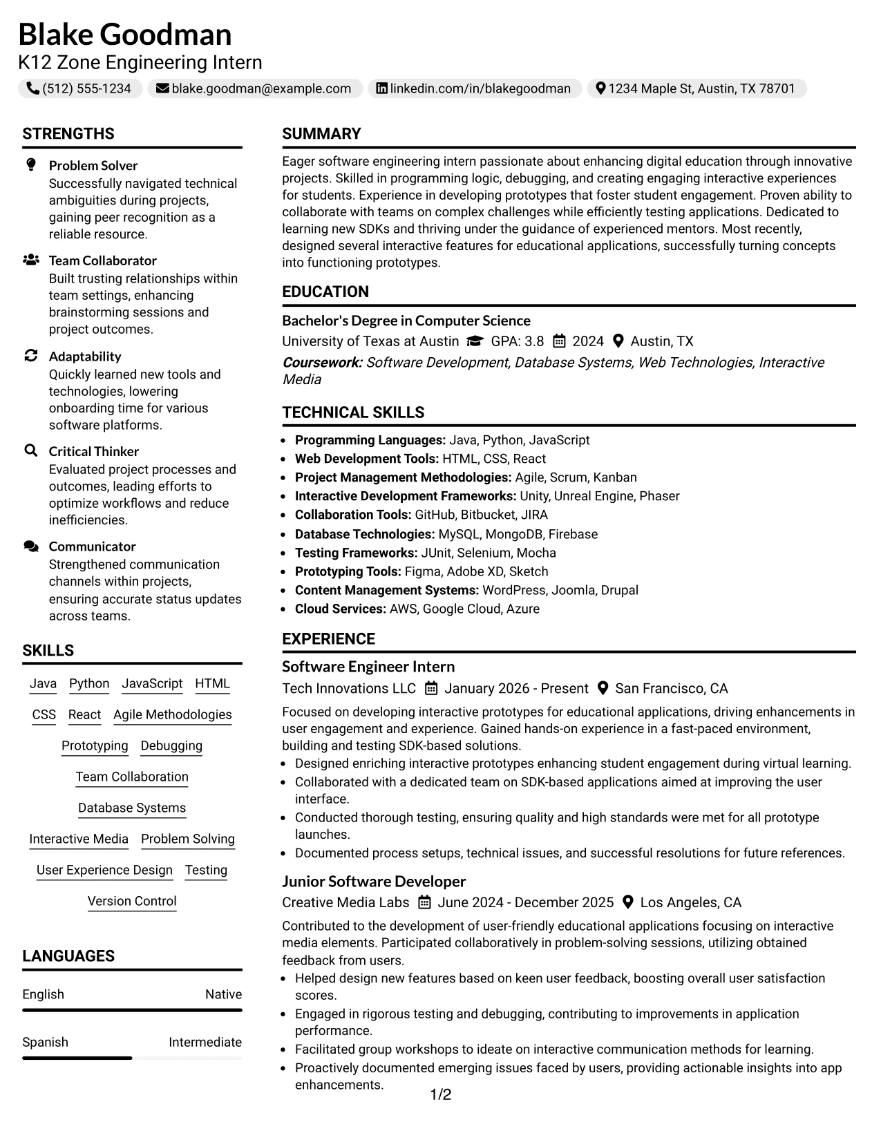 Resume Example Page 1