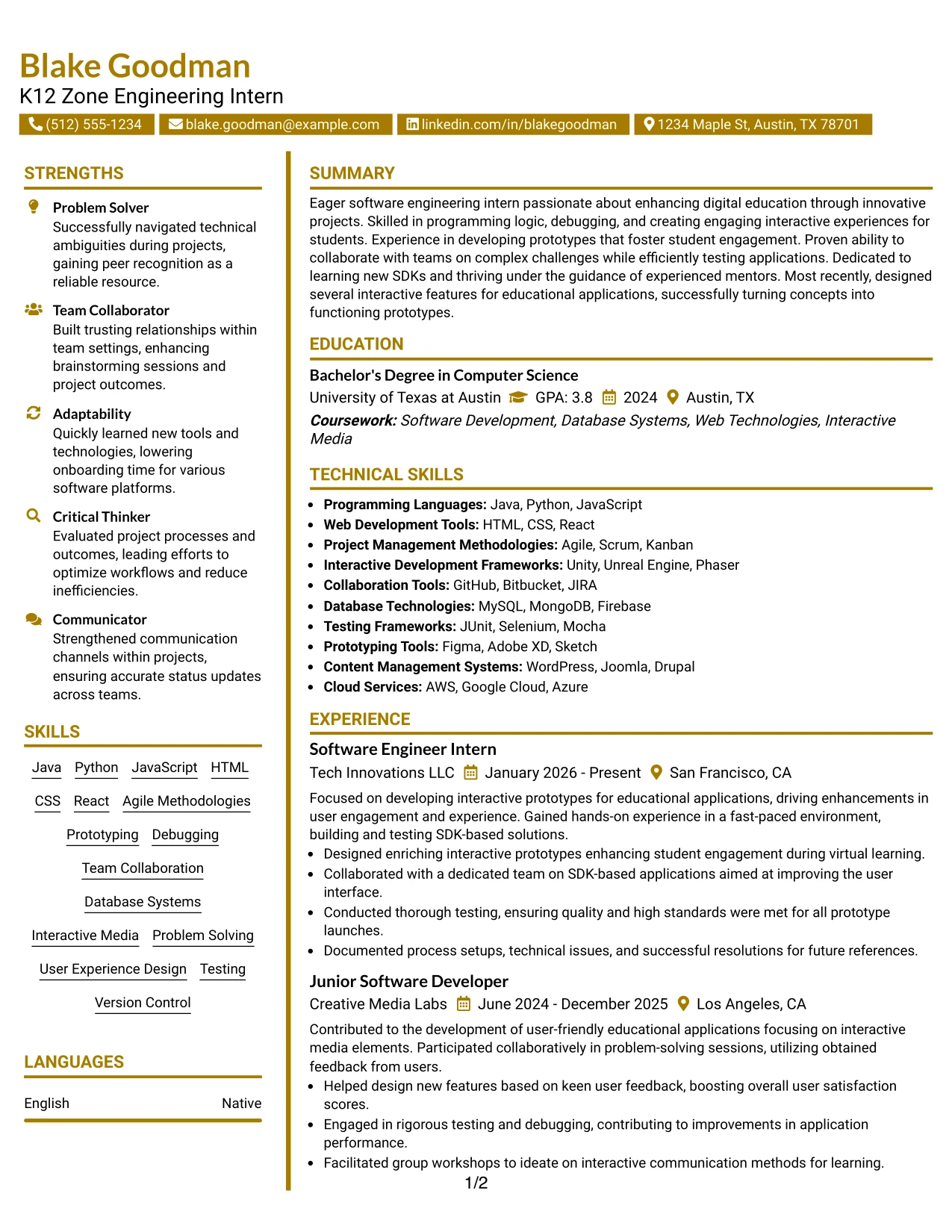 Resume Example Page 1