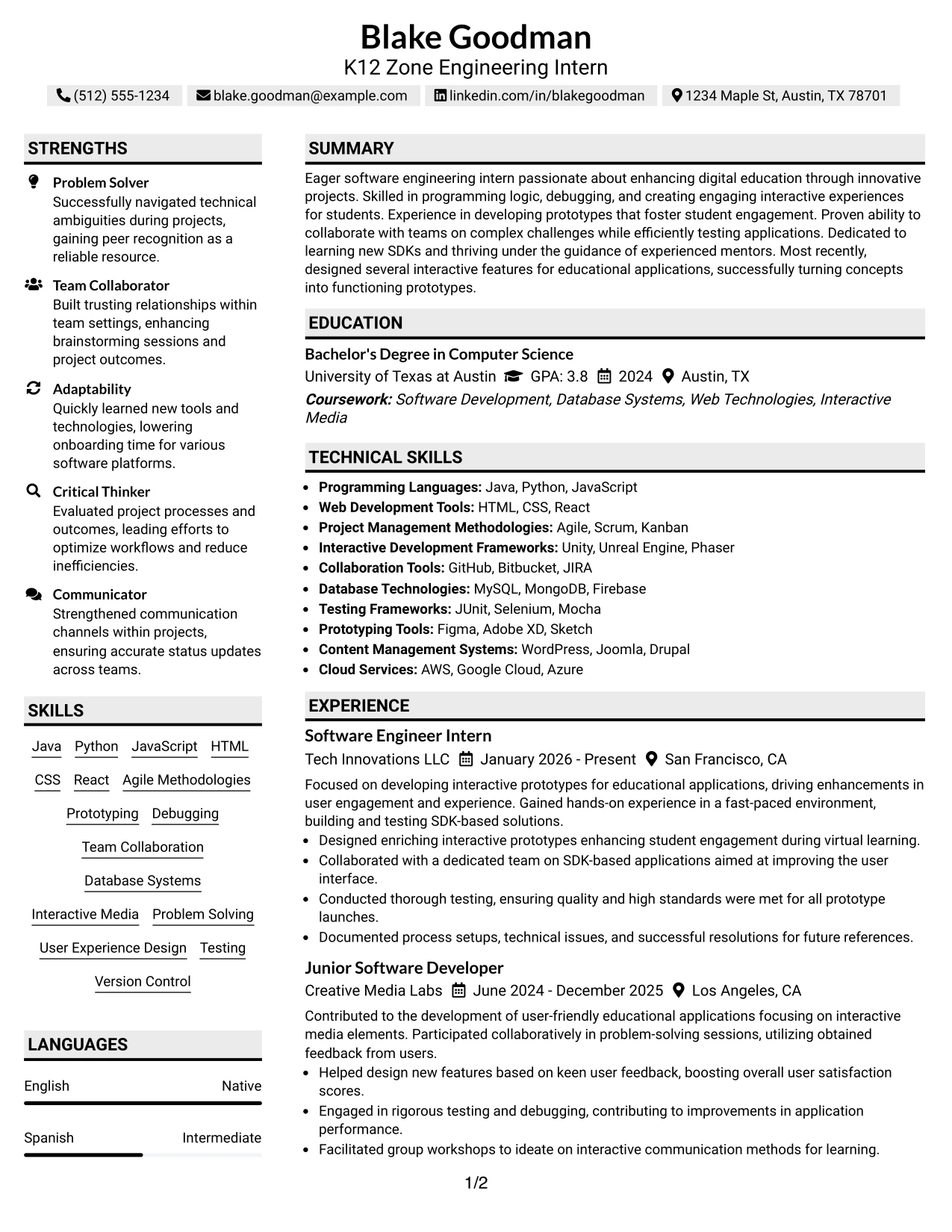 Resume Example Page 1