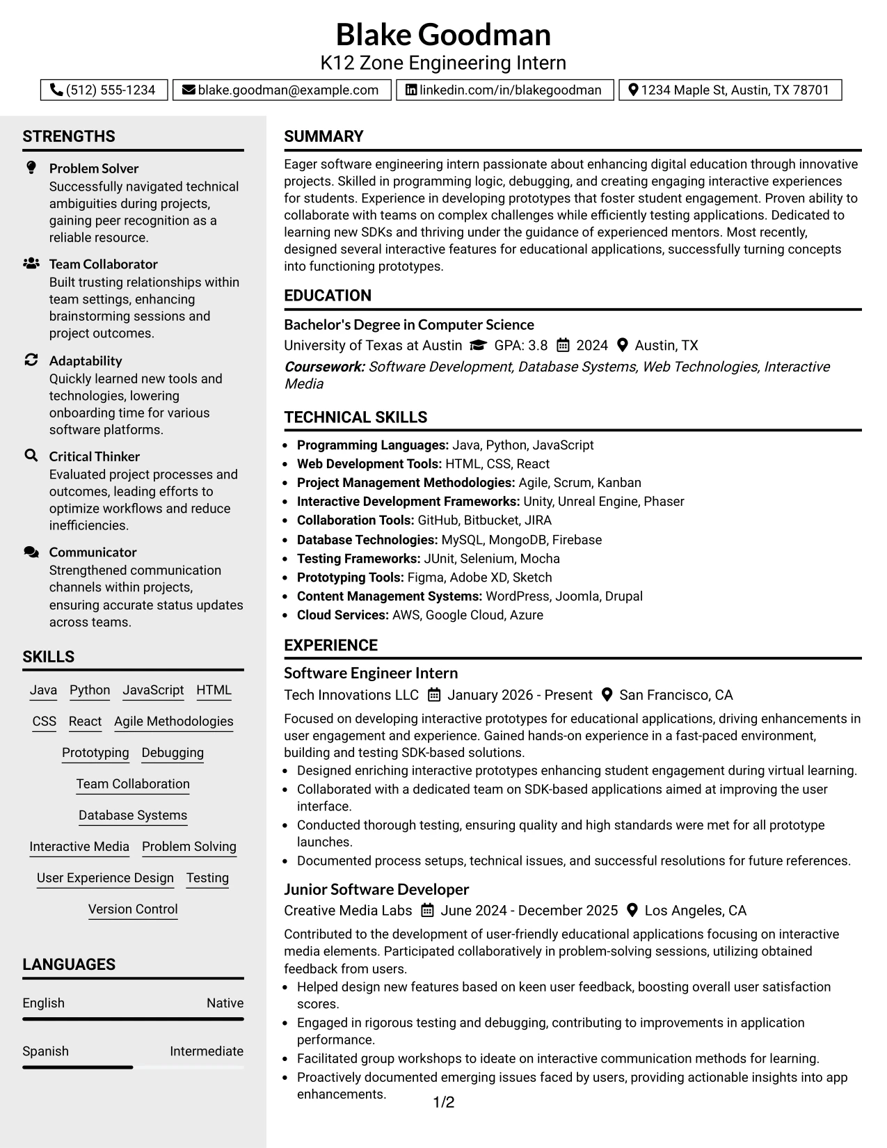 Resume Example Page 1