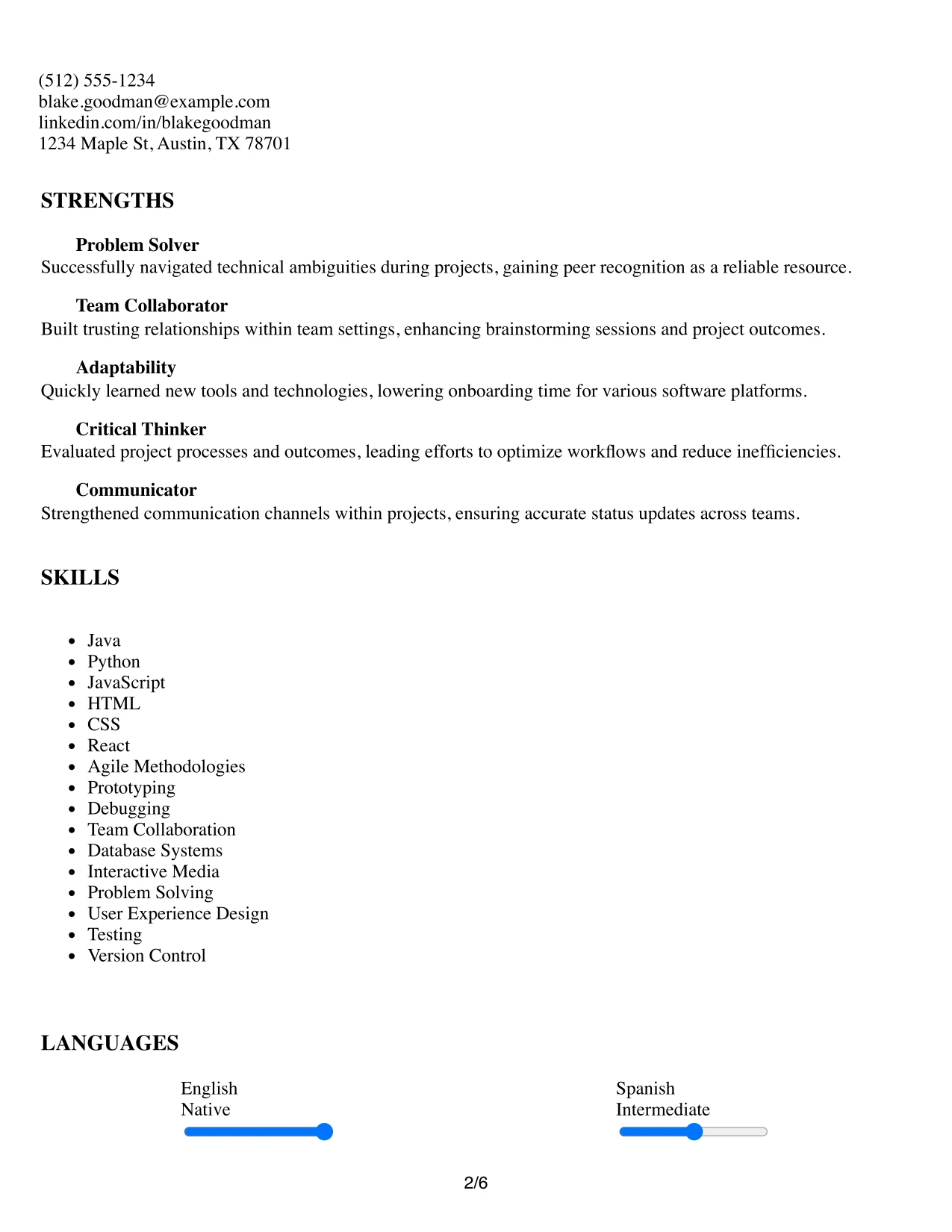 Resume Example Page 2