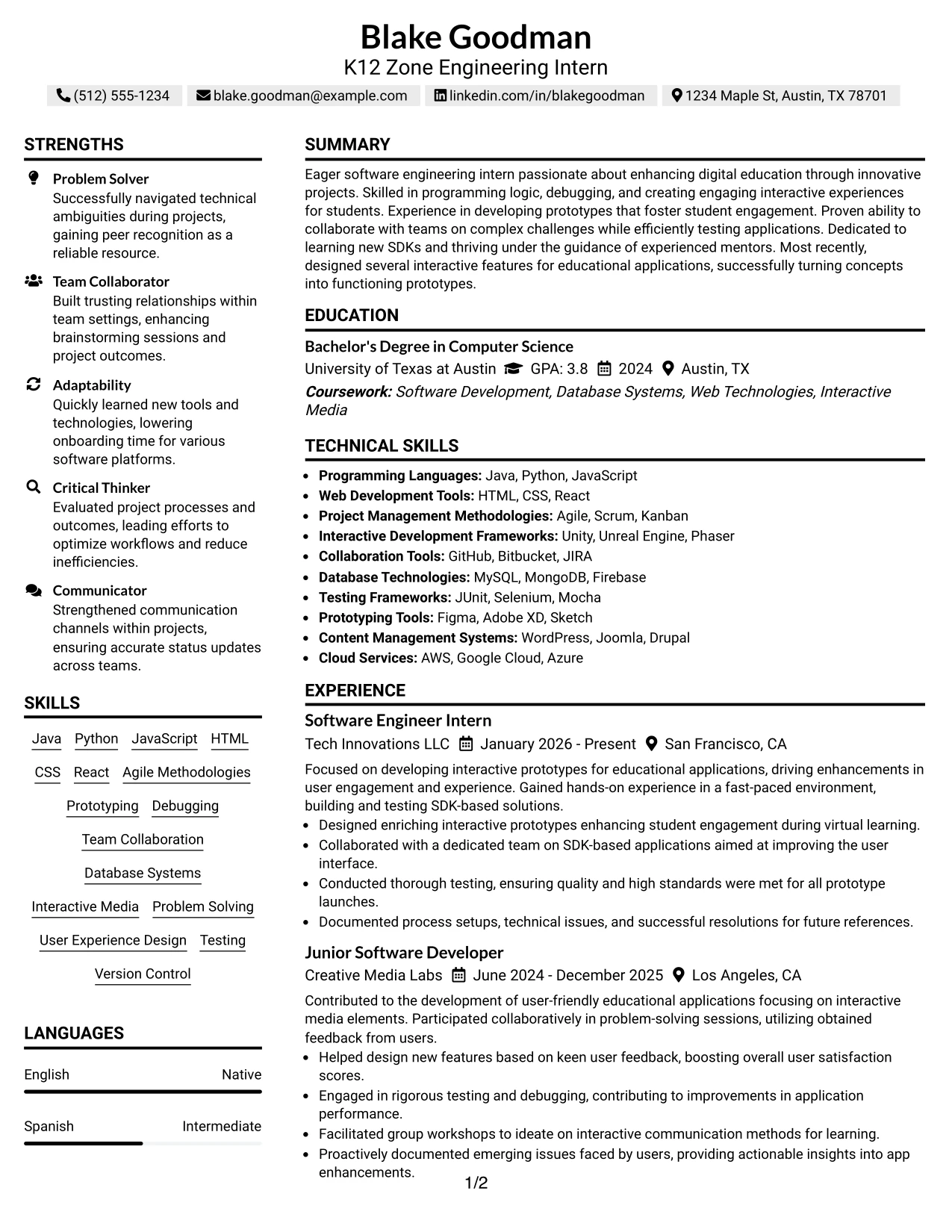 Resume Example Page 1