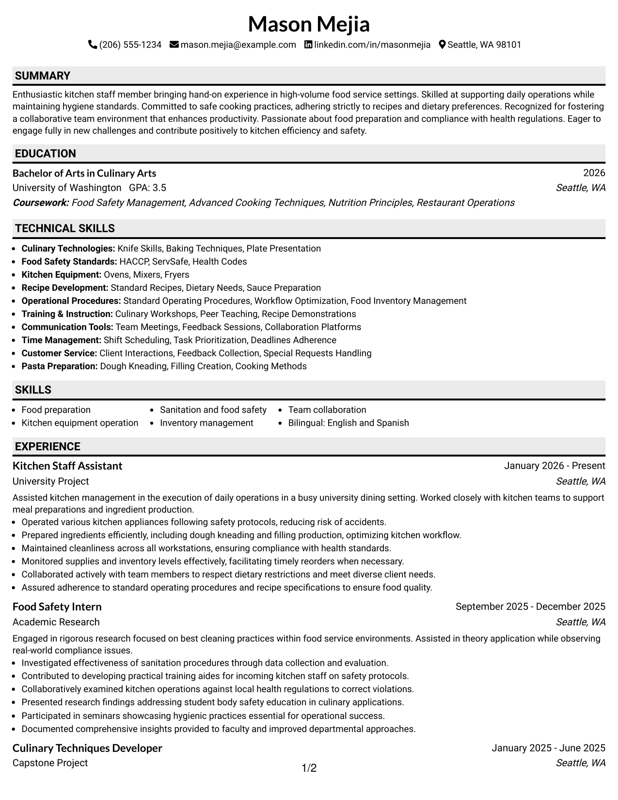 Resume Example Page 1