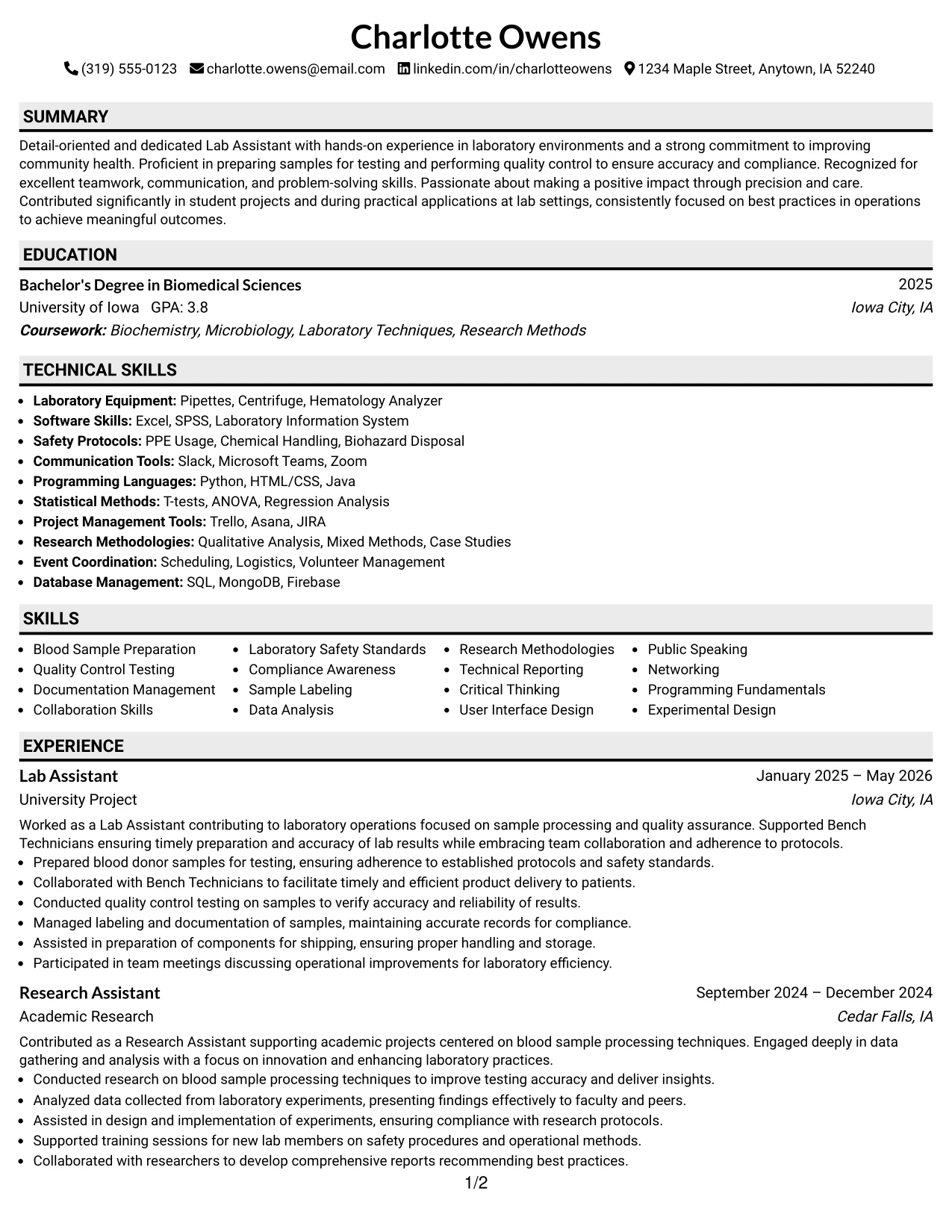 Resume Example Page 1