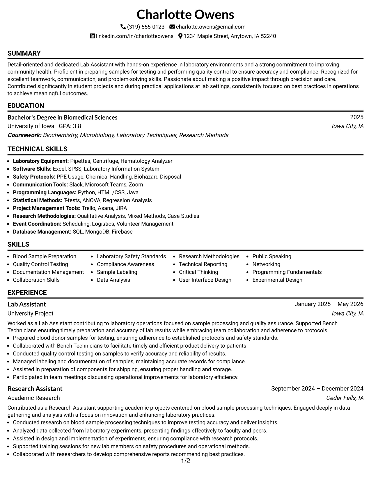 Resume Example Page 1