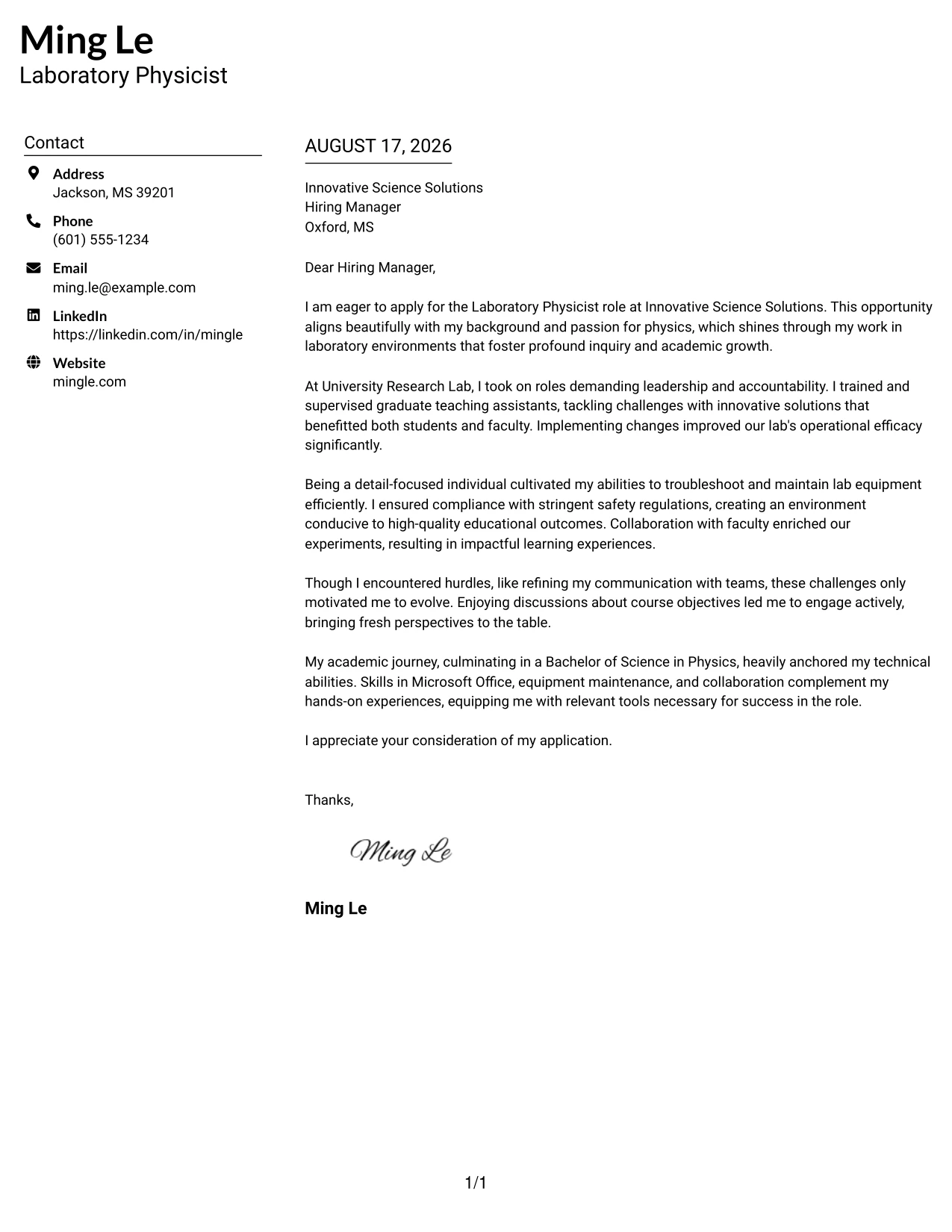 Resume Example Page 1