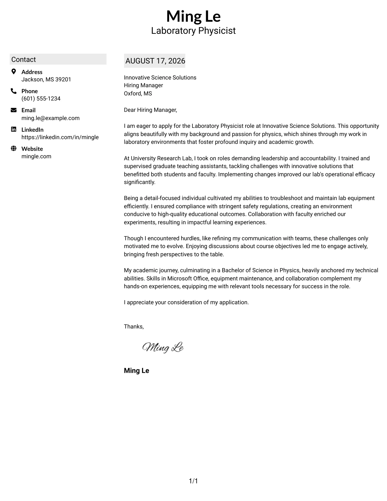 Resume Example Page 1