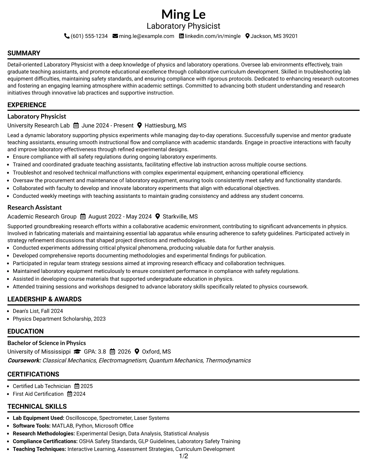 Resume Example Page 1