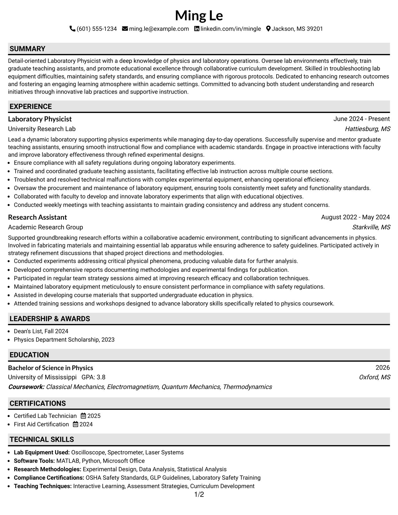 Resume Example Page 1