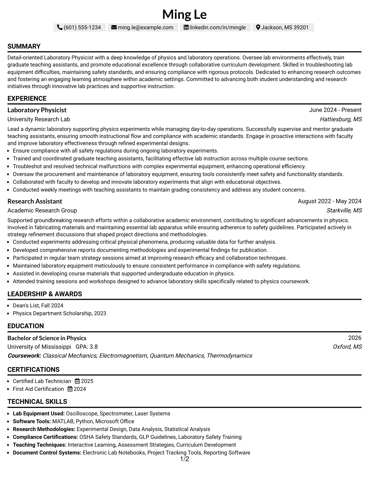 Resume Example Page 1