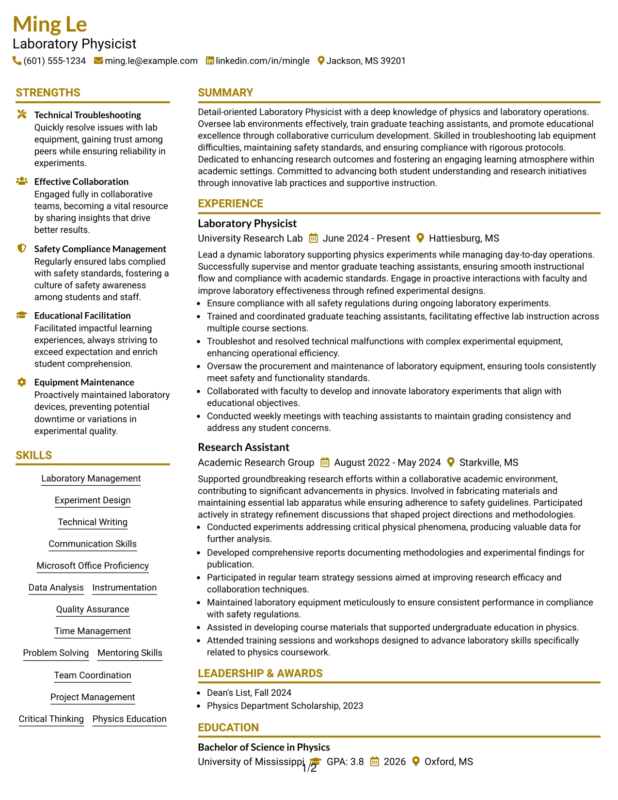 Resume Example Page 1