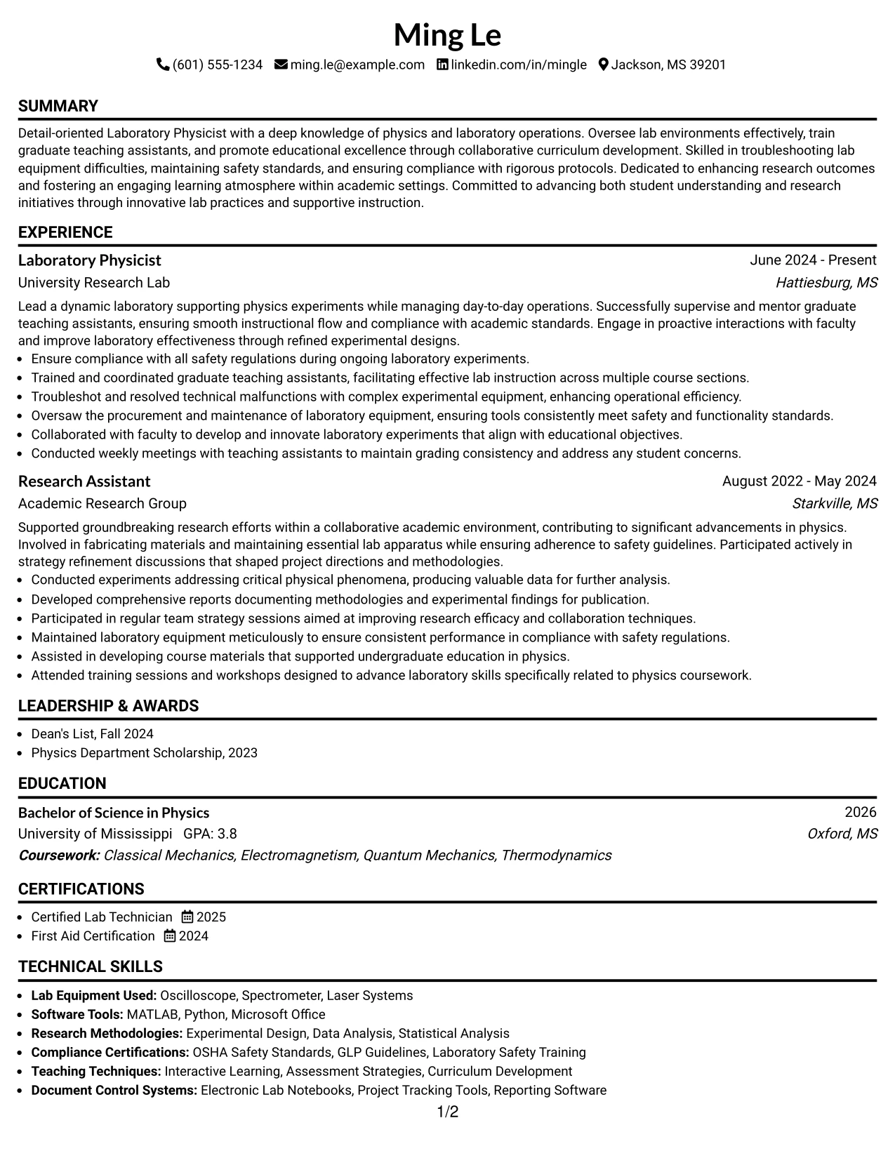 Resume Example Page 1