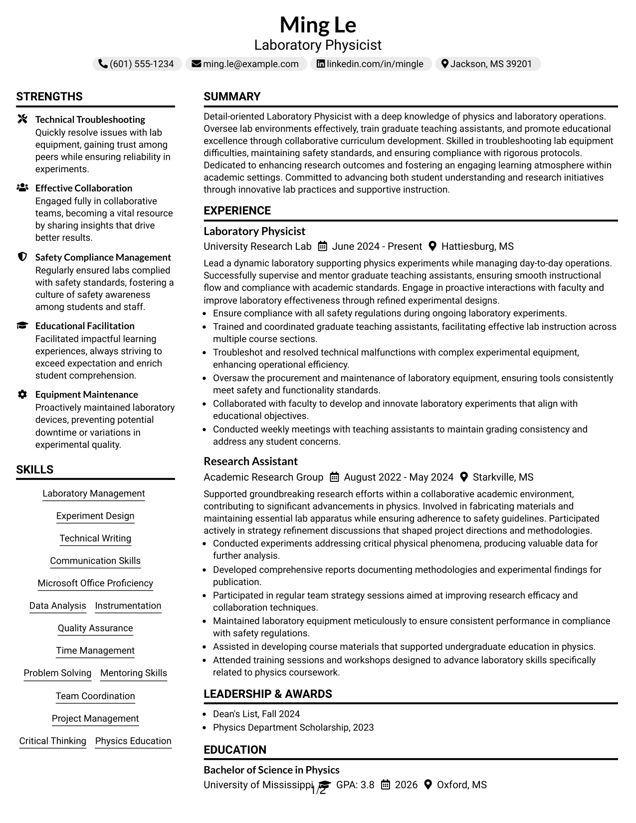 Resume Example Page 1