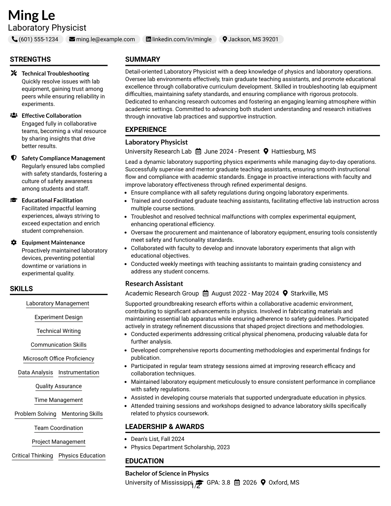 Resume Example Page 1