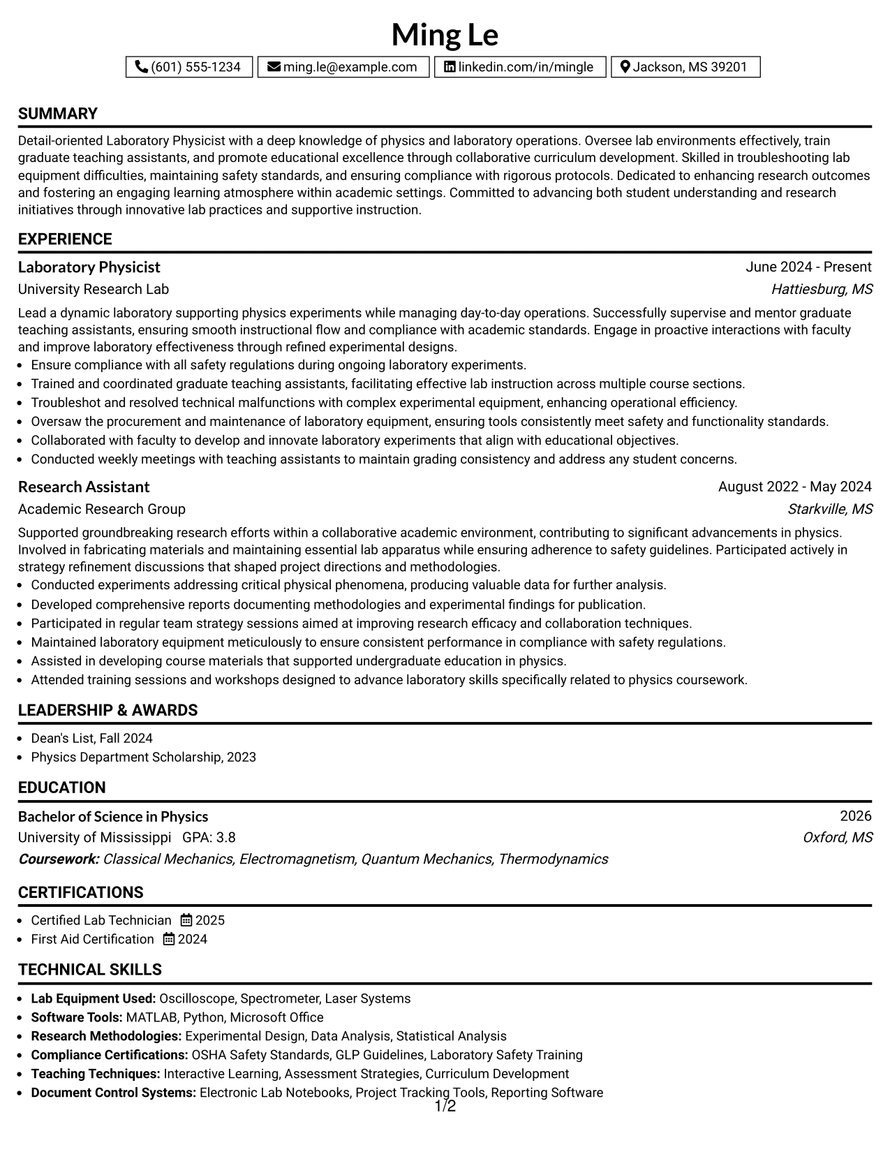 Resume Example Page 1