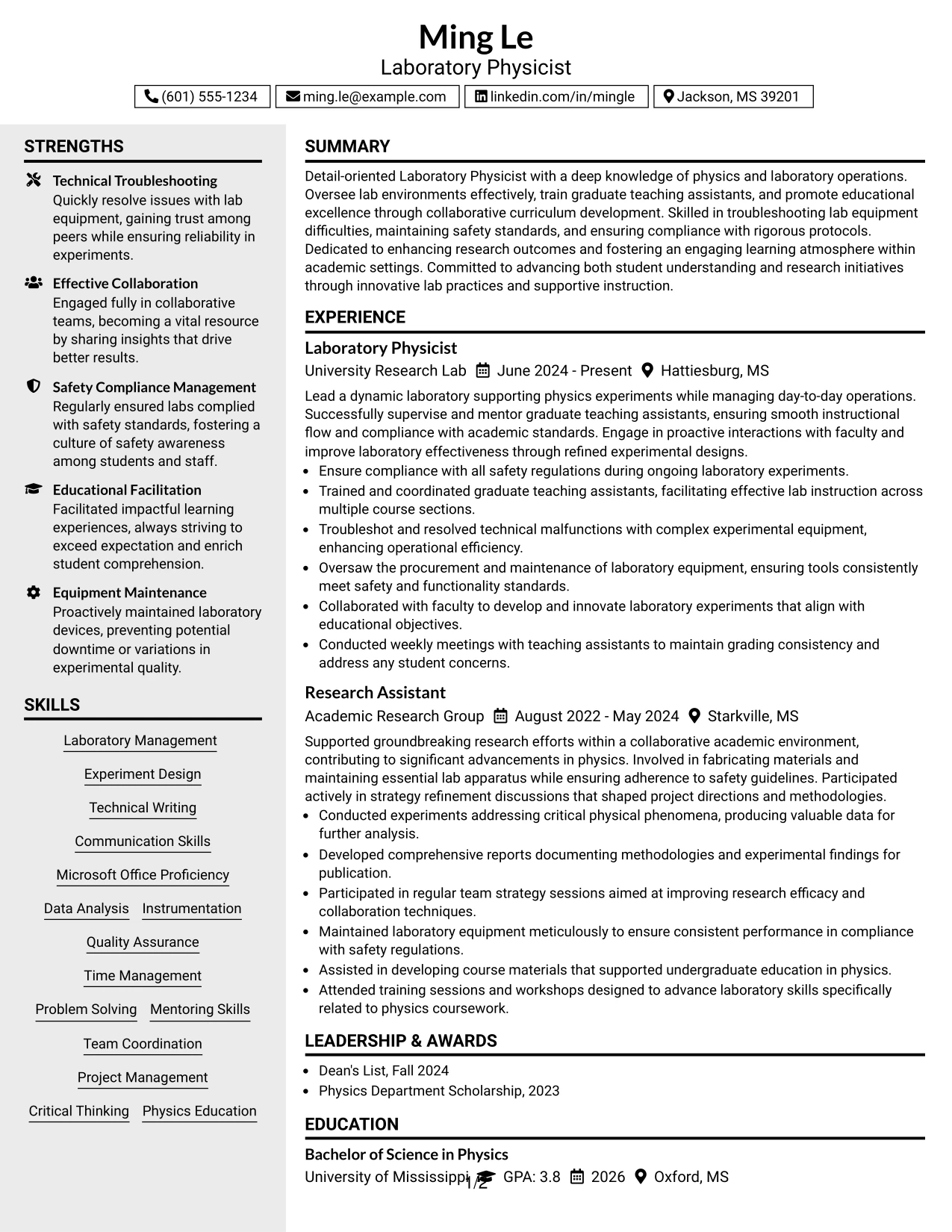 Resume Example Page 1
