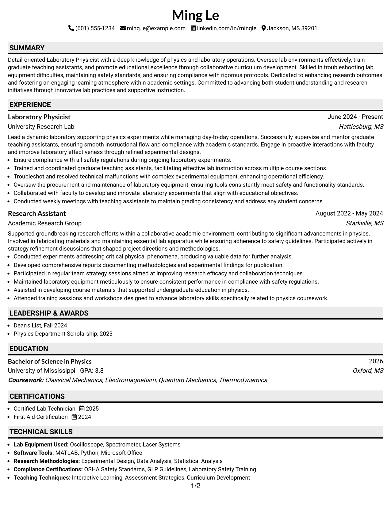 Resume Example Page 1