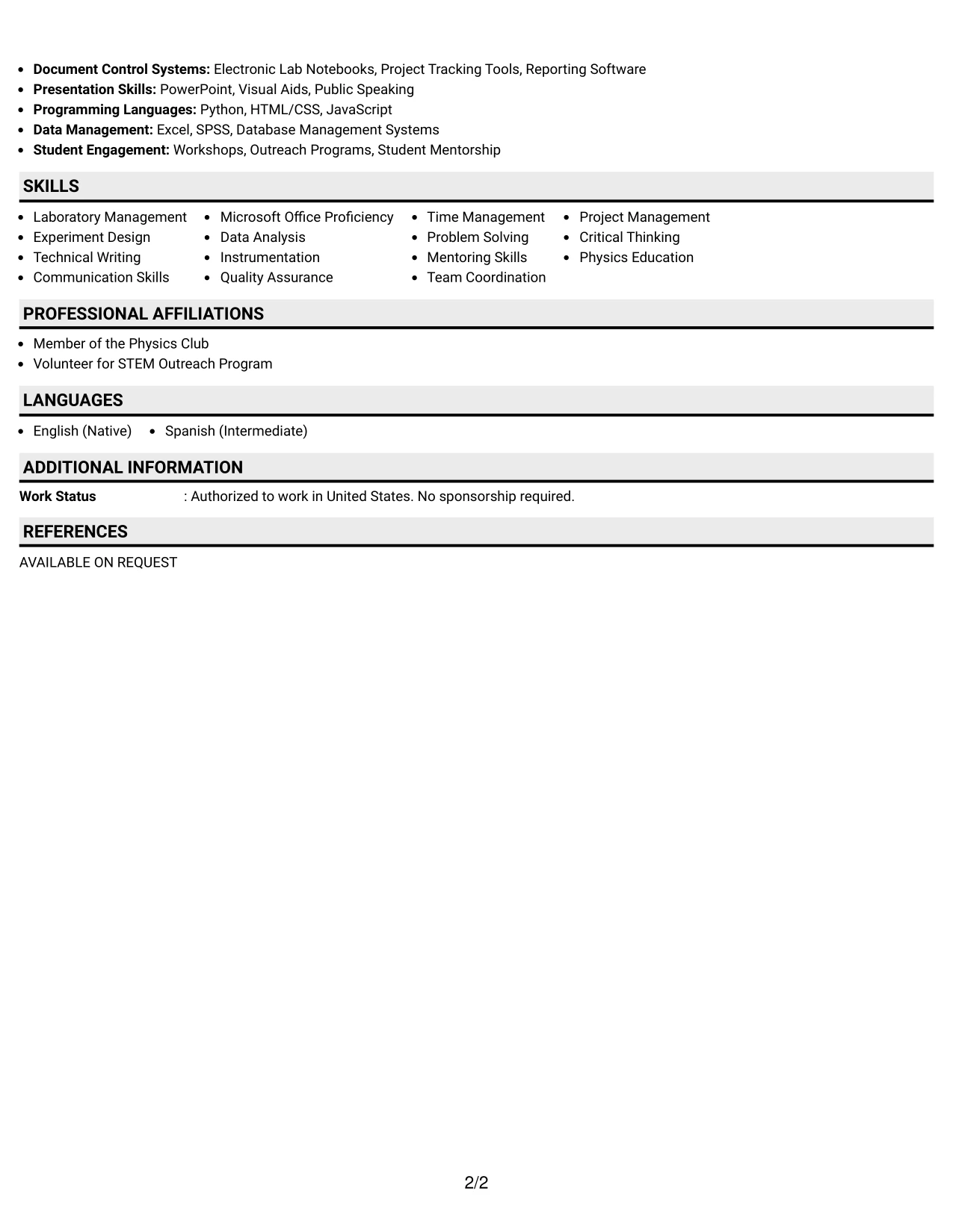 Resume Example Page 2