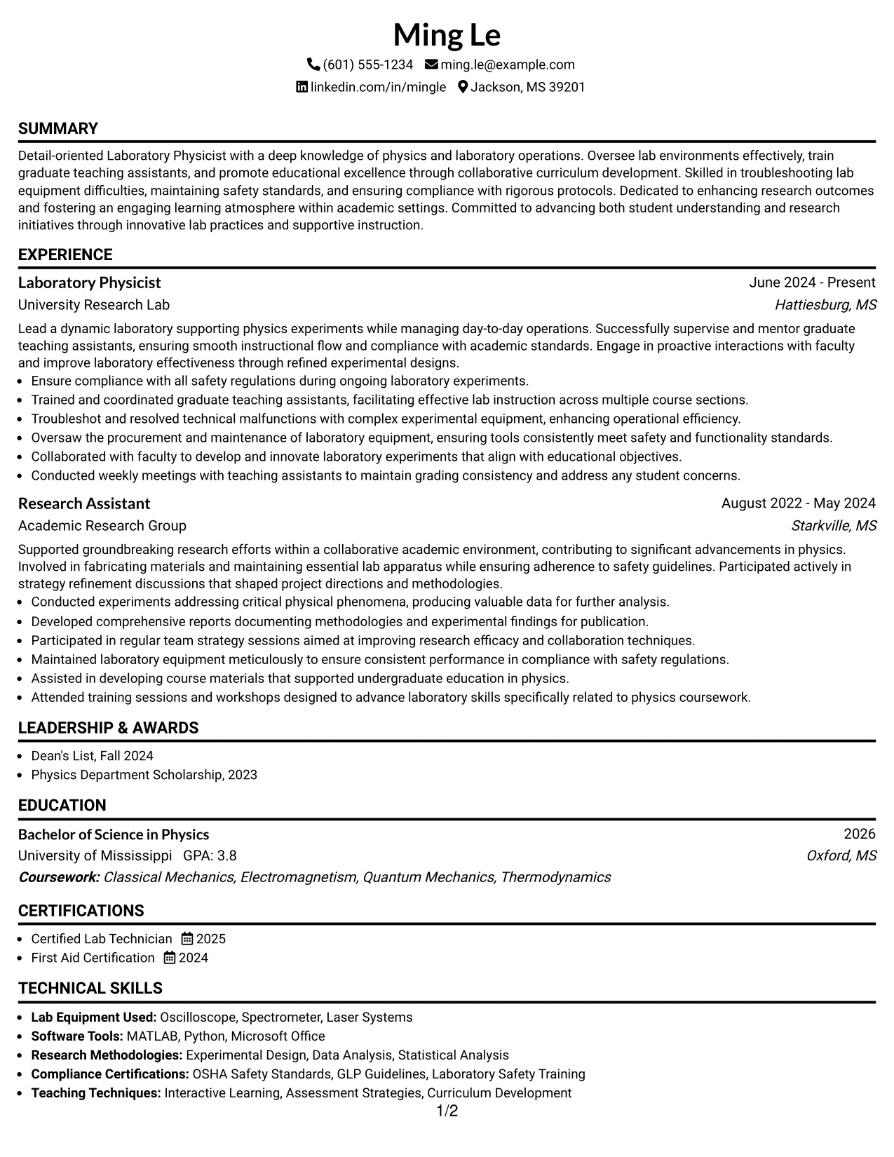 Resume Example Page 1