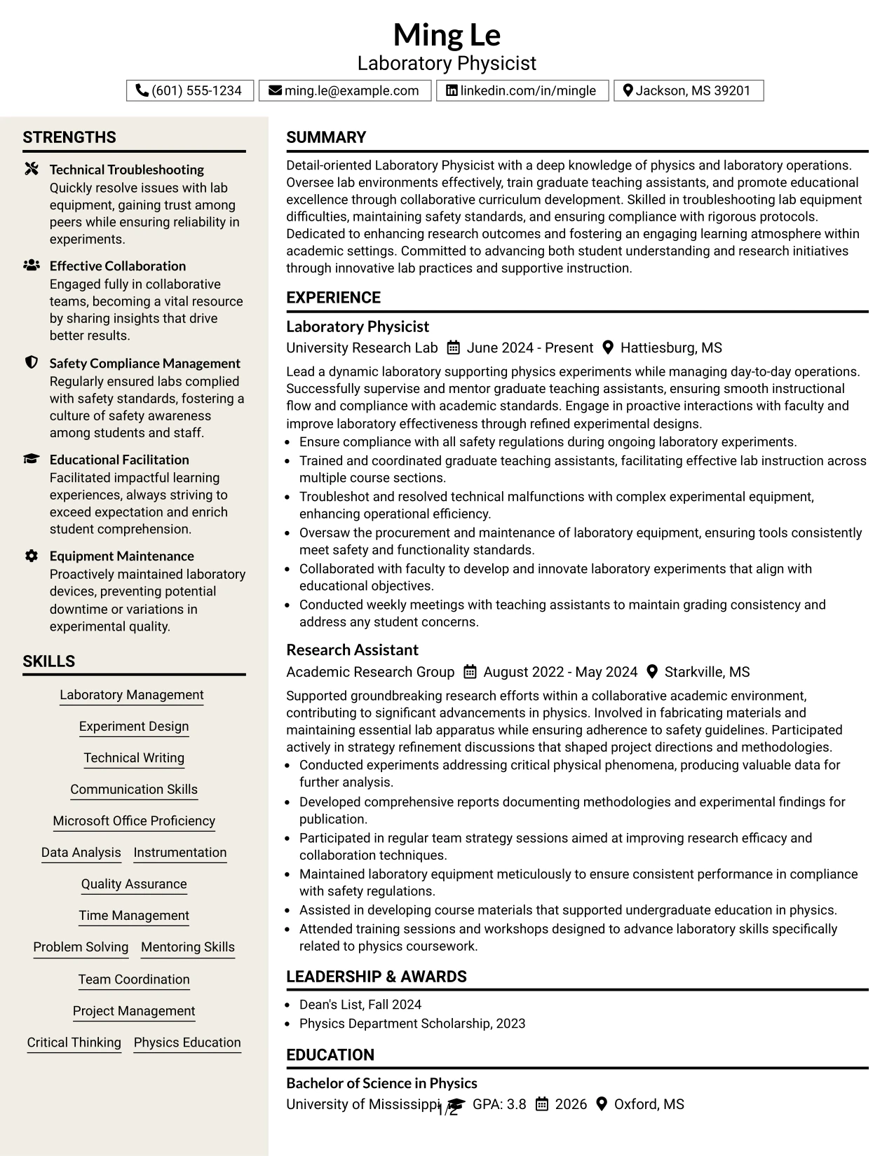 Resume Example Page 1