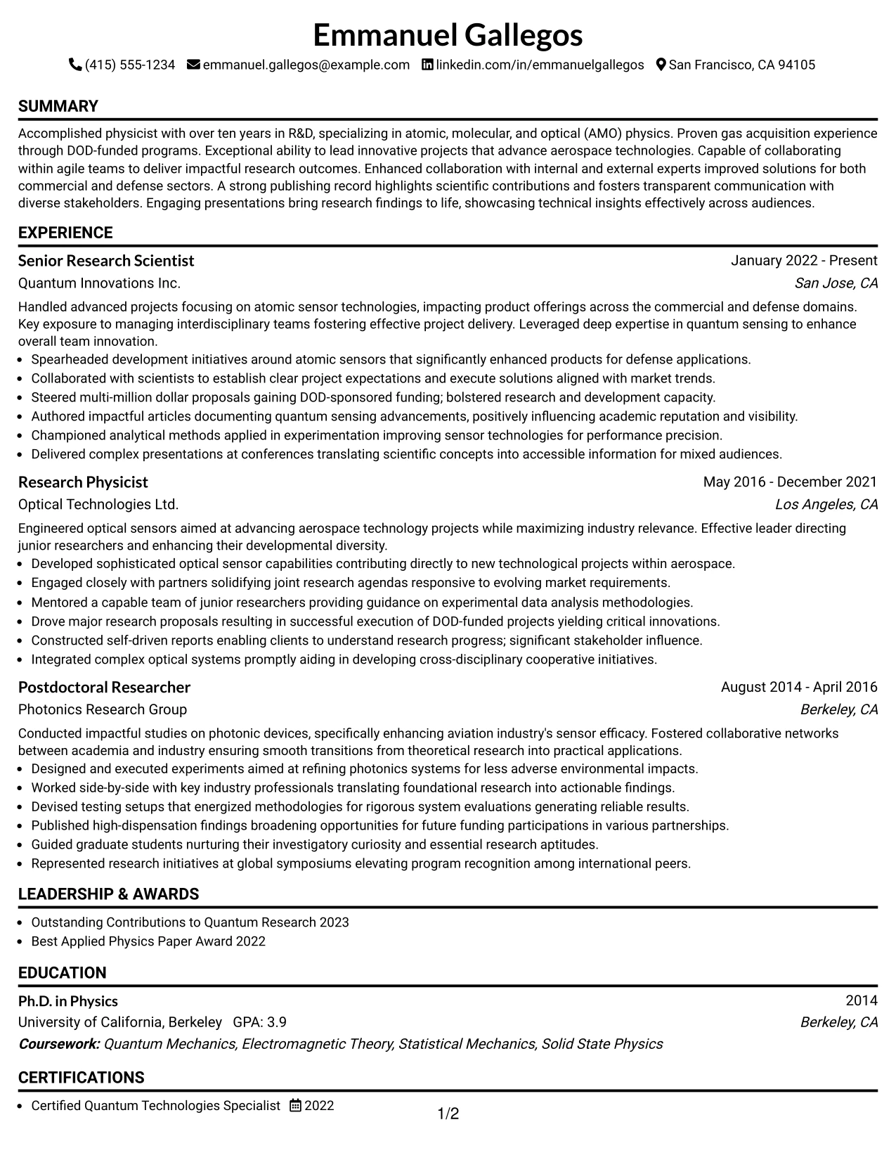 Resume Example Page 1