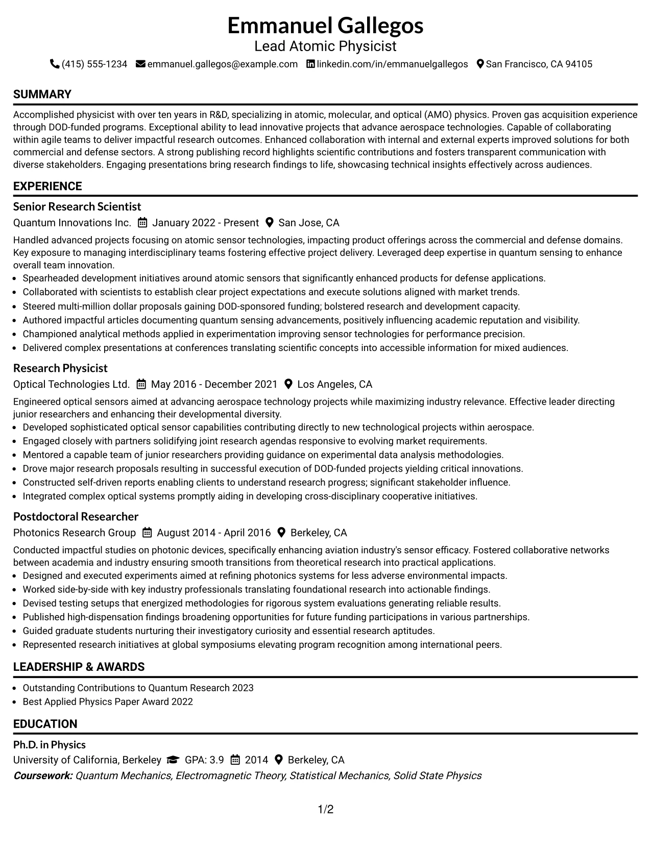 Resume Example Page 1