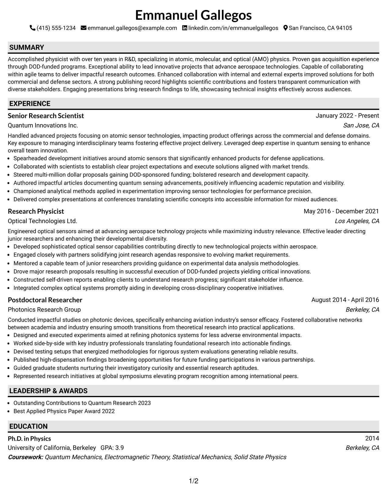 Resume Example Page 1