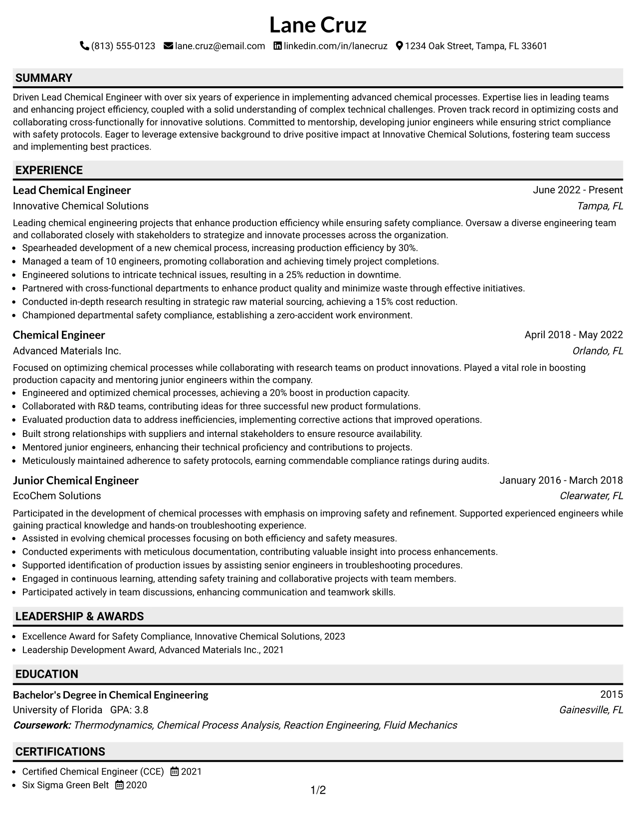 Resume Example Page 1