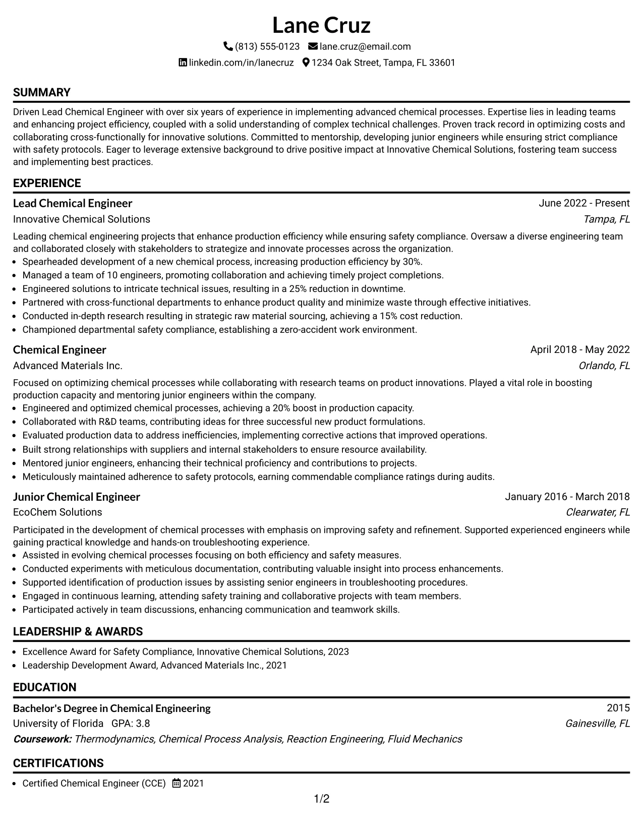 Resume Example Page 1