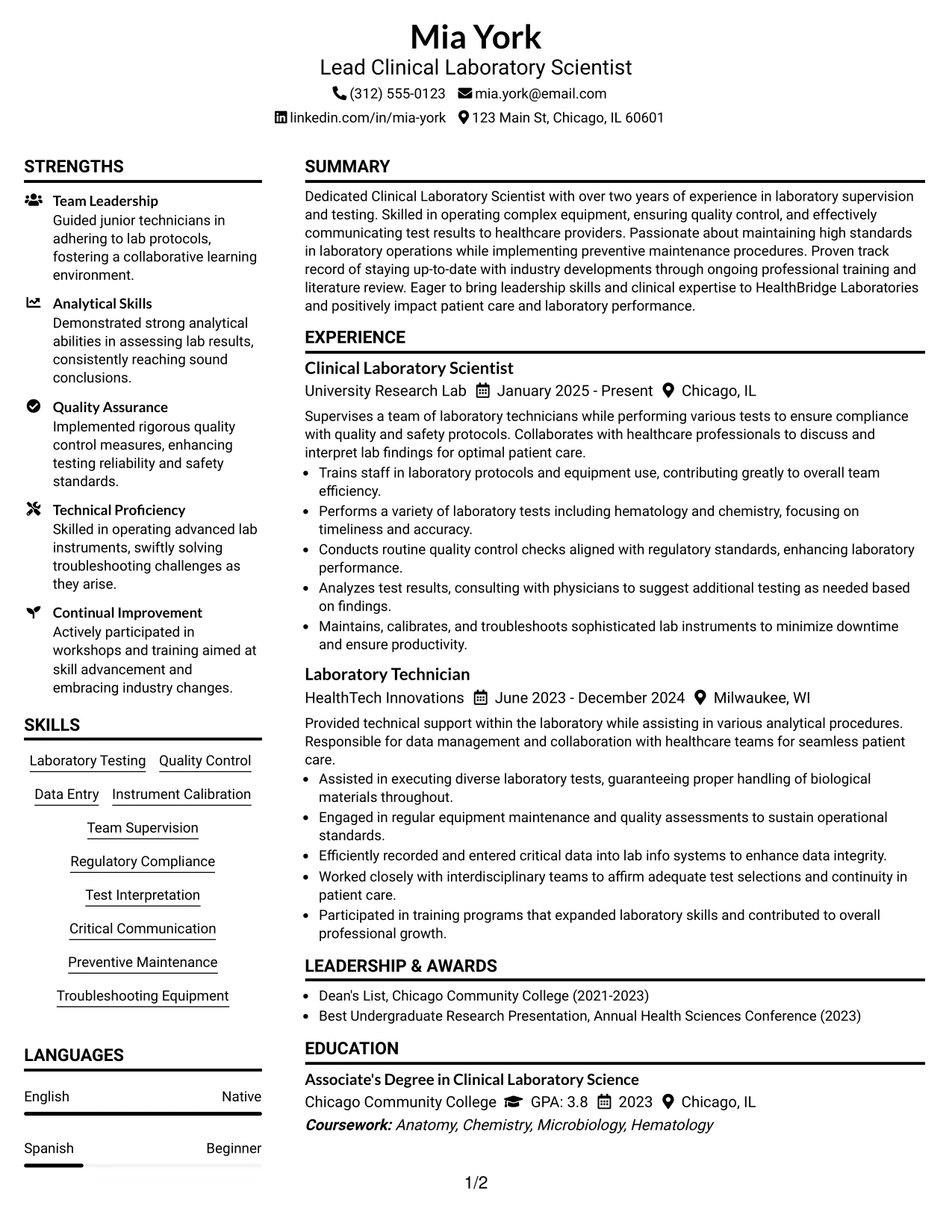 Resume Example Page 1