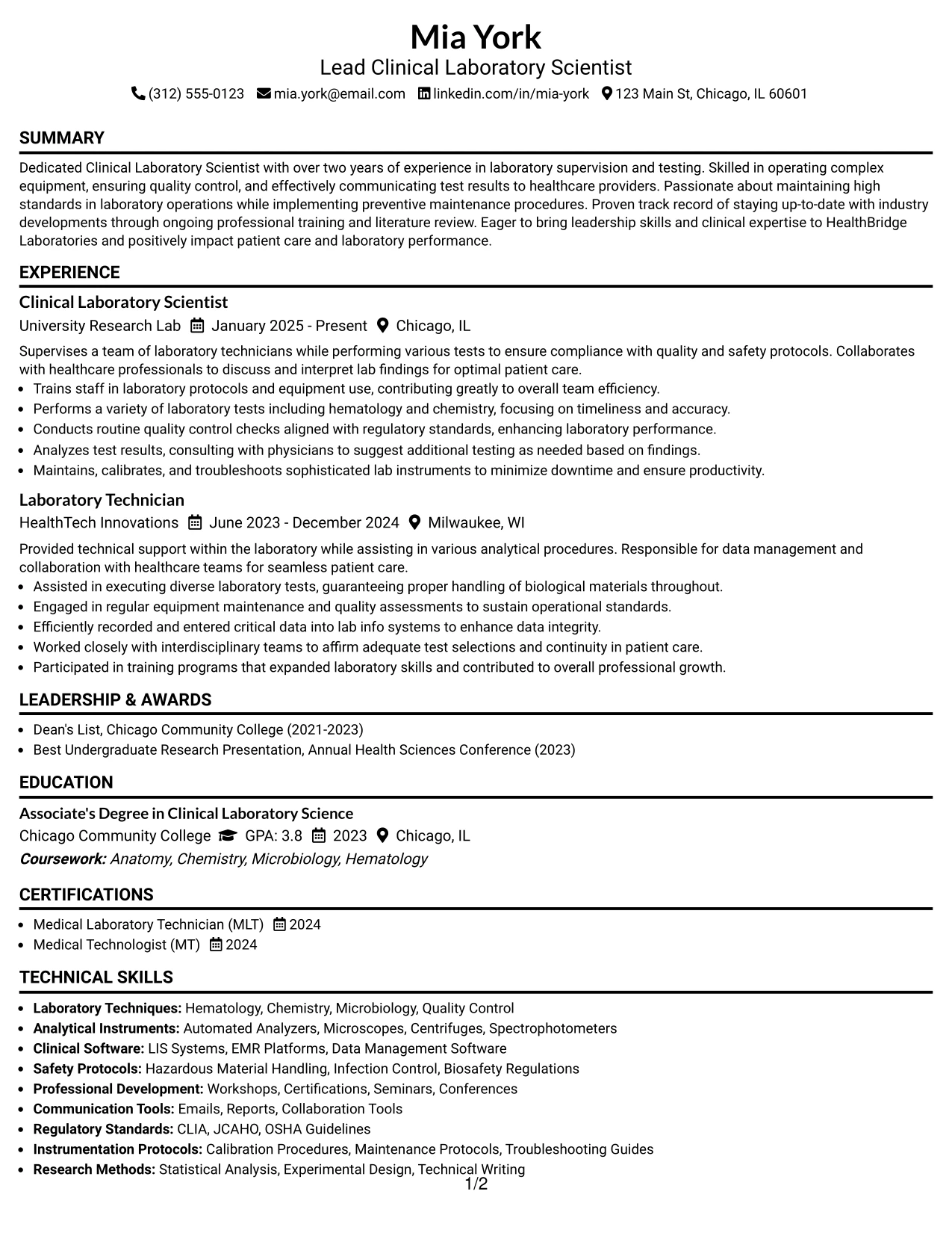 Resume Example Page 1