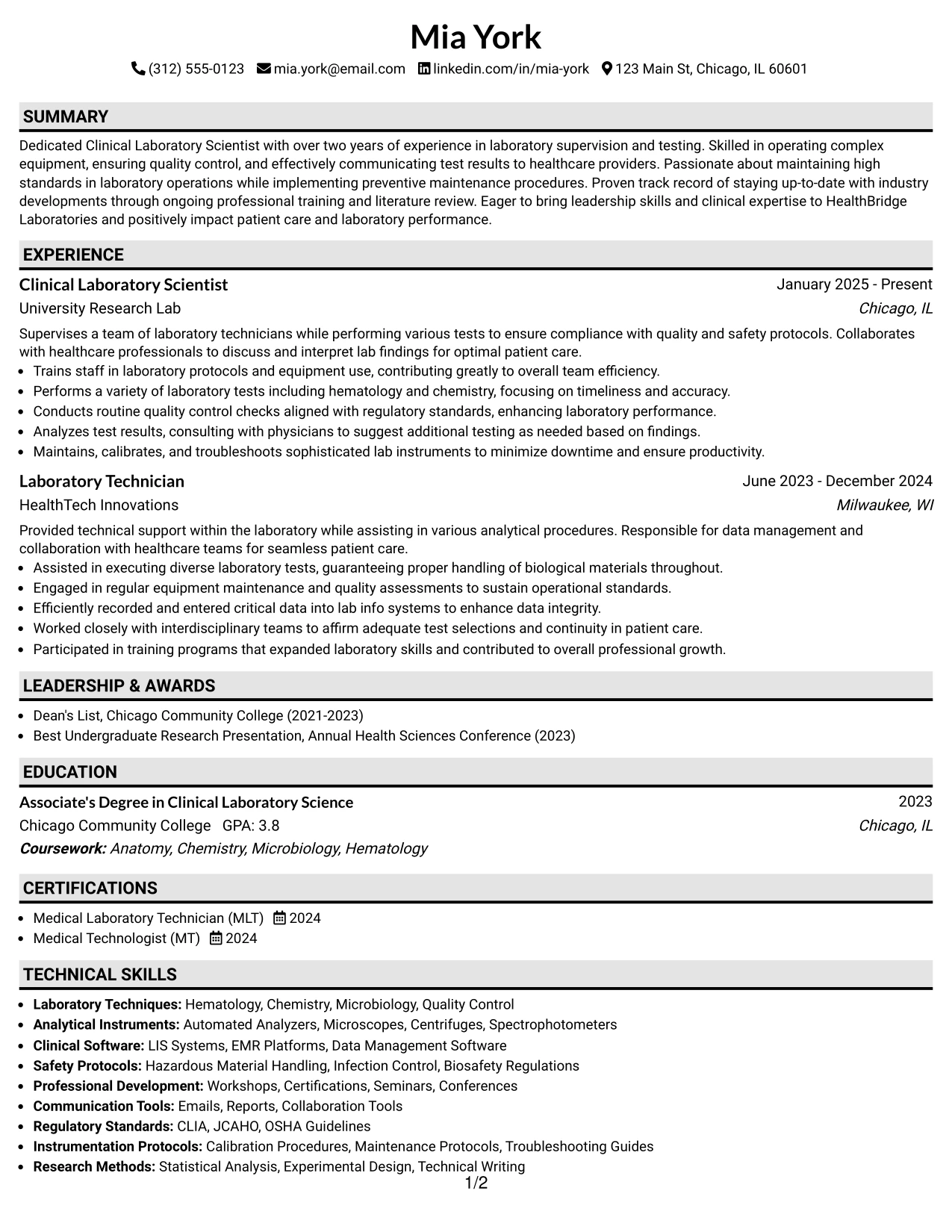 Resume Example Page 1