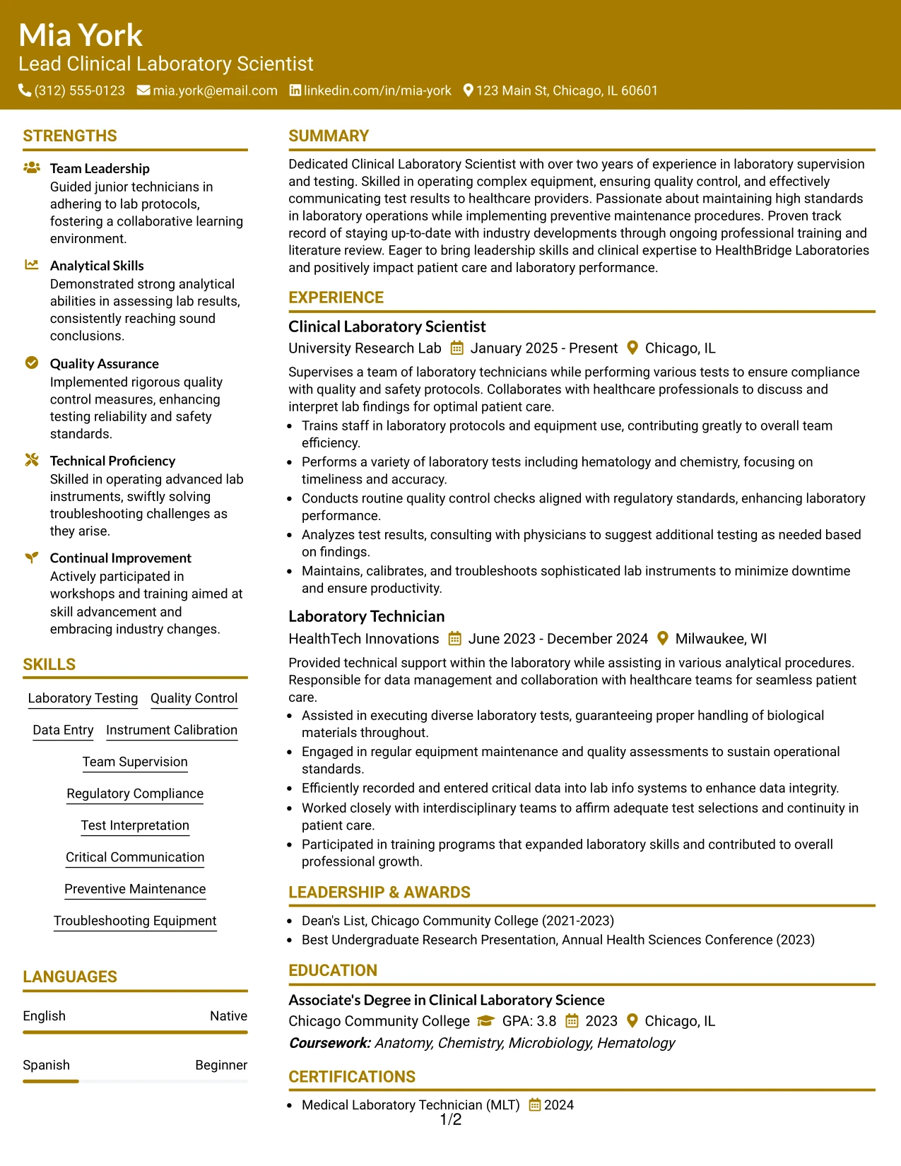 Resume Example Page 1