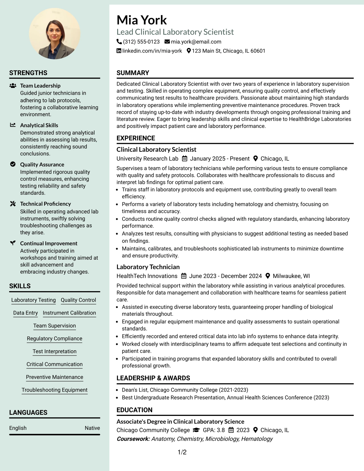 Resume Example Page 1
