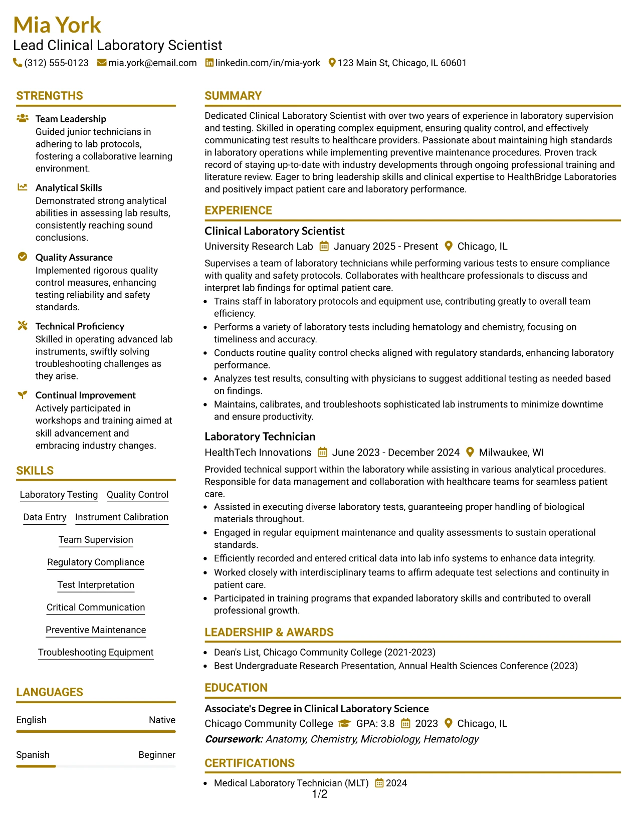 Resume Example Page 1