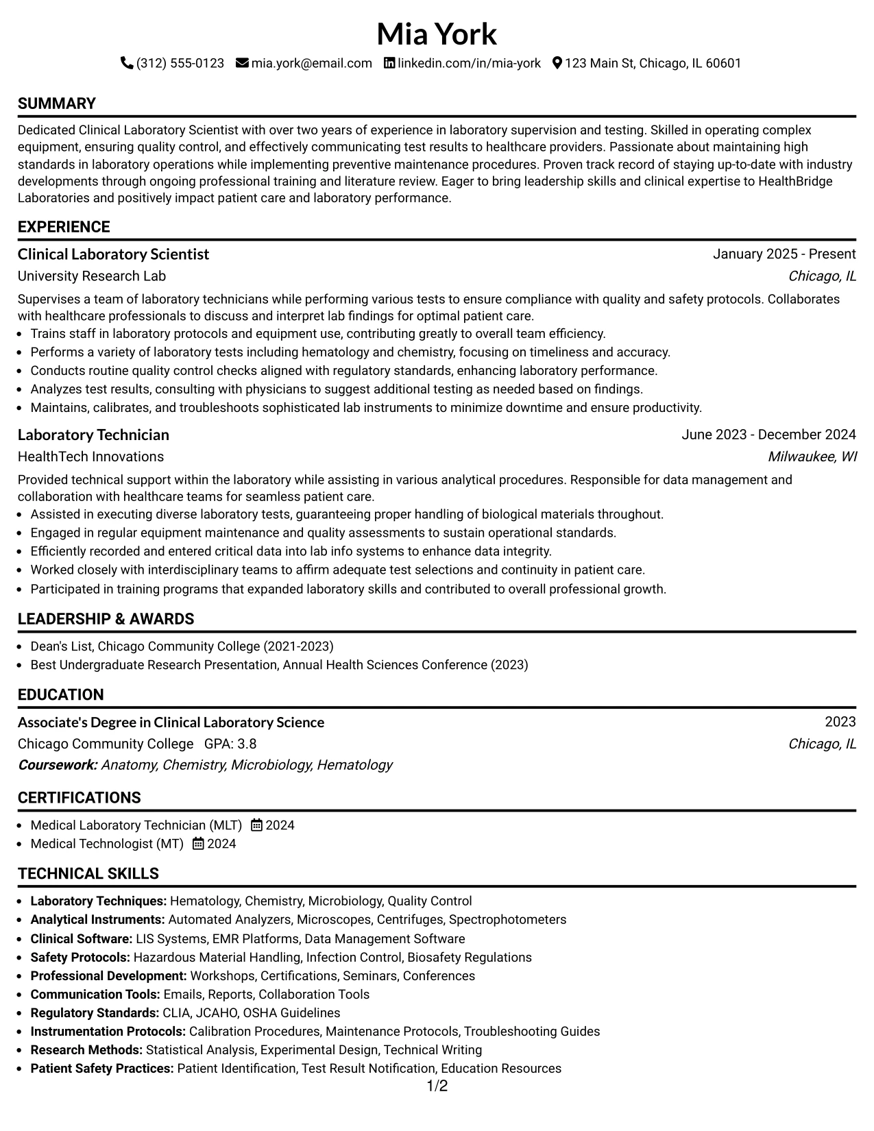 Resume Example Page 1